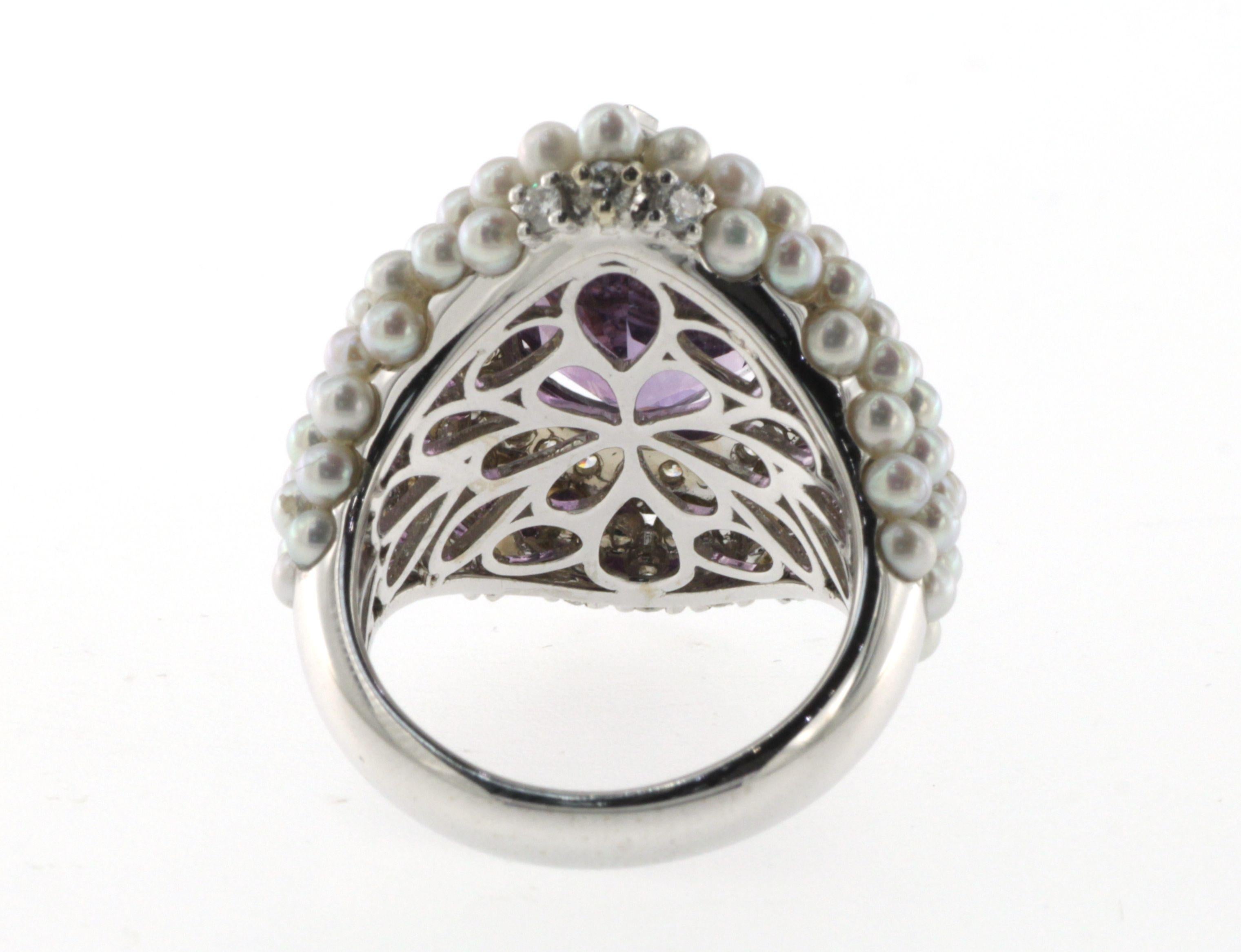 Pear Cut Pear Shape Amethyst Diamond Pearl Cocktail Ring with 14K White Gold For Sale