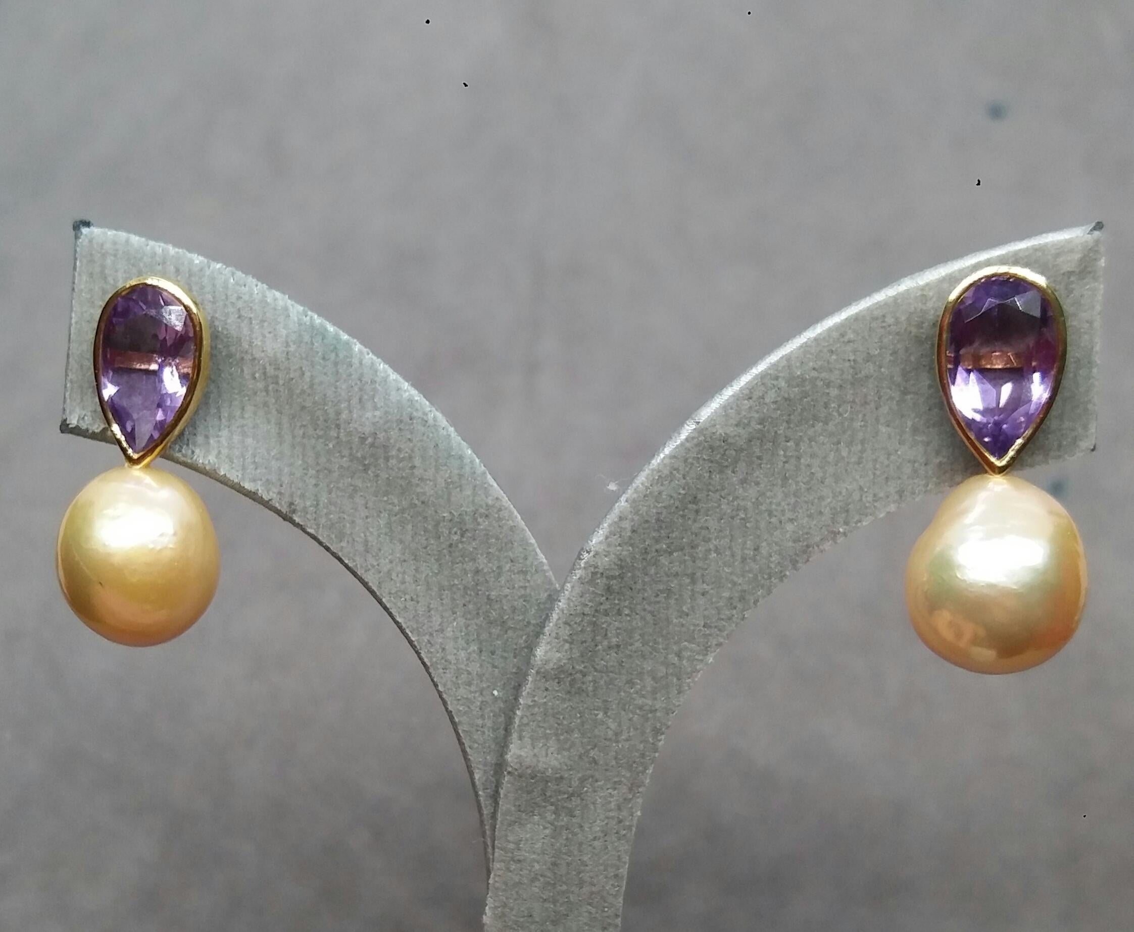 Pear Shape Amethysts 14 K Yellow Gold Cream Color Baroque Pearl Stud Earrings For Sale 4