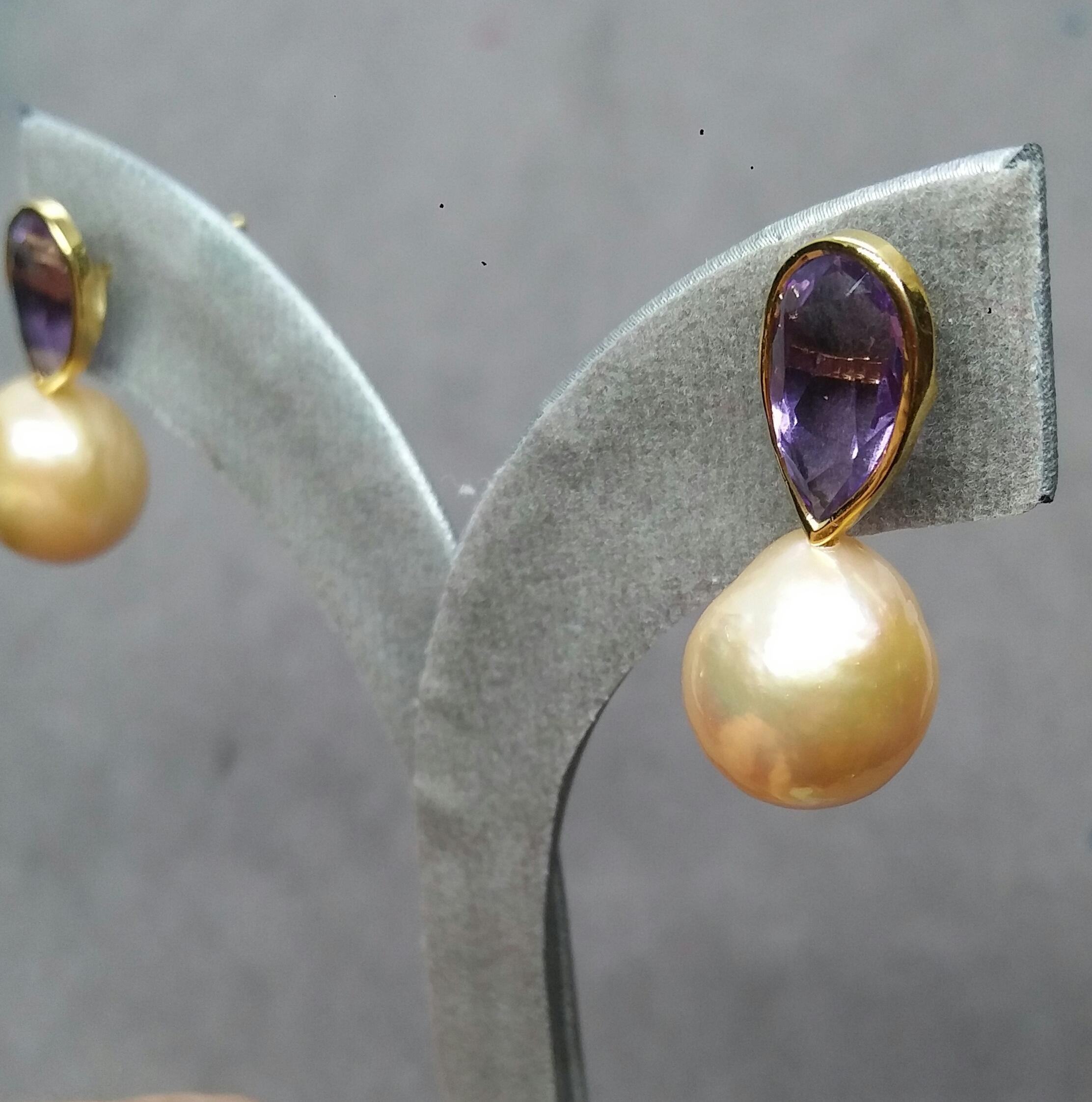 Pear Shape Amethysts 14 K Yellow Gold Cream Color Baroque Pearl Stud Earrings 2