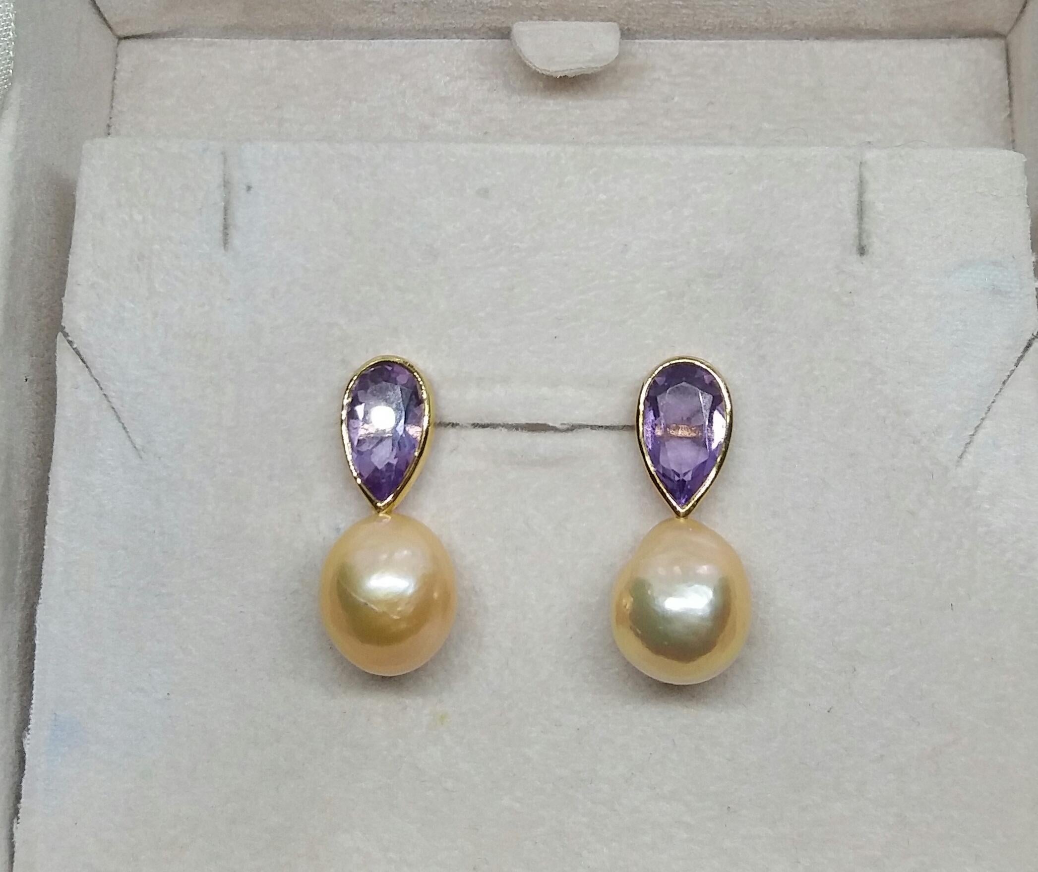 Pear Shape Amethysts 14 K Yellow Gold Cream Color Baroque Pearl Stud Earrings For Sale 7