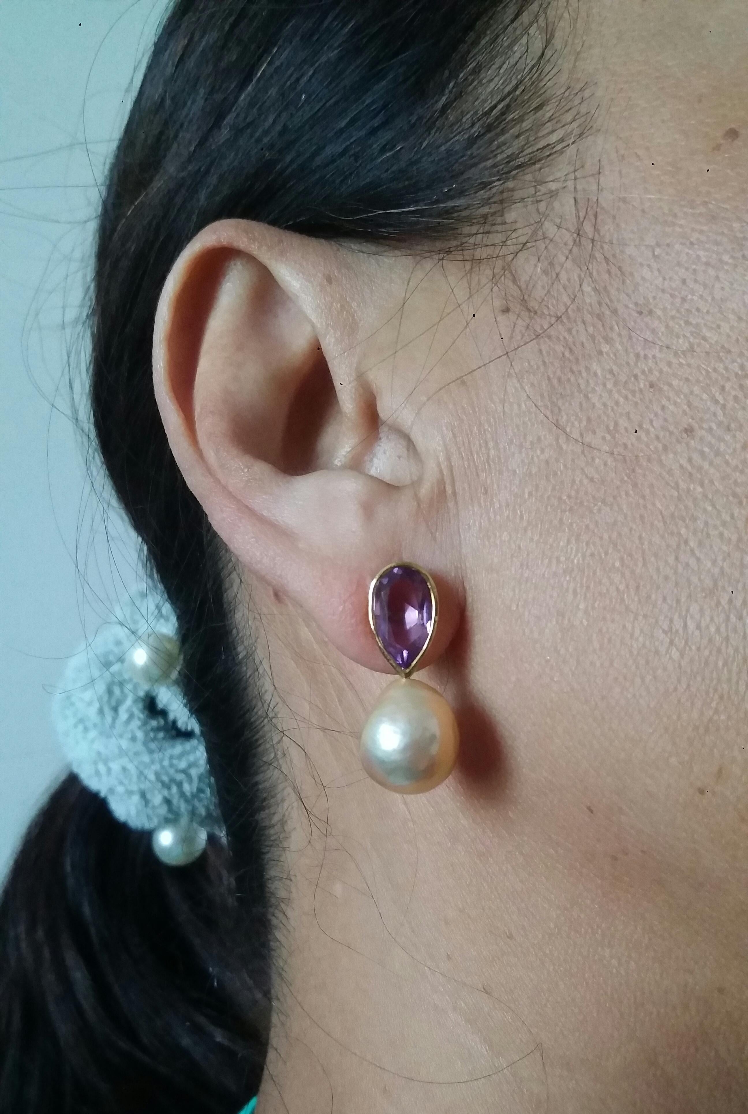 Boucles d'oreilles en or jaune 14 K, perles baroques de couleur crème, améthystes en forme de poire en vente 8