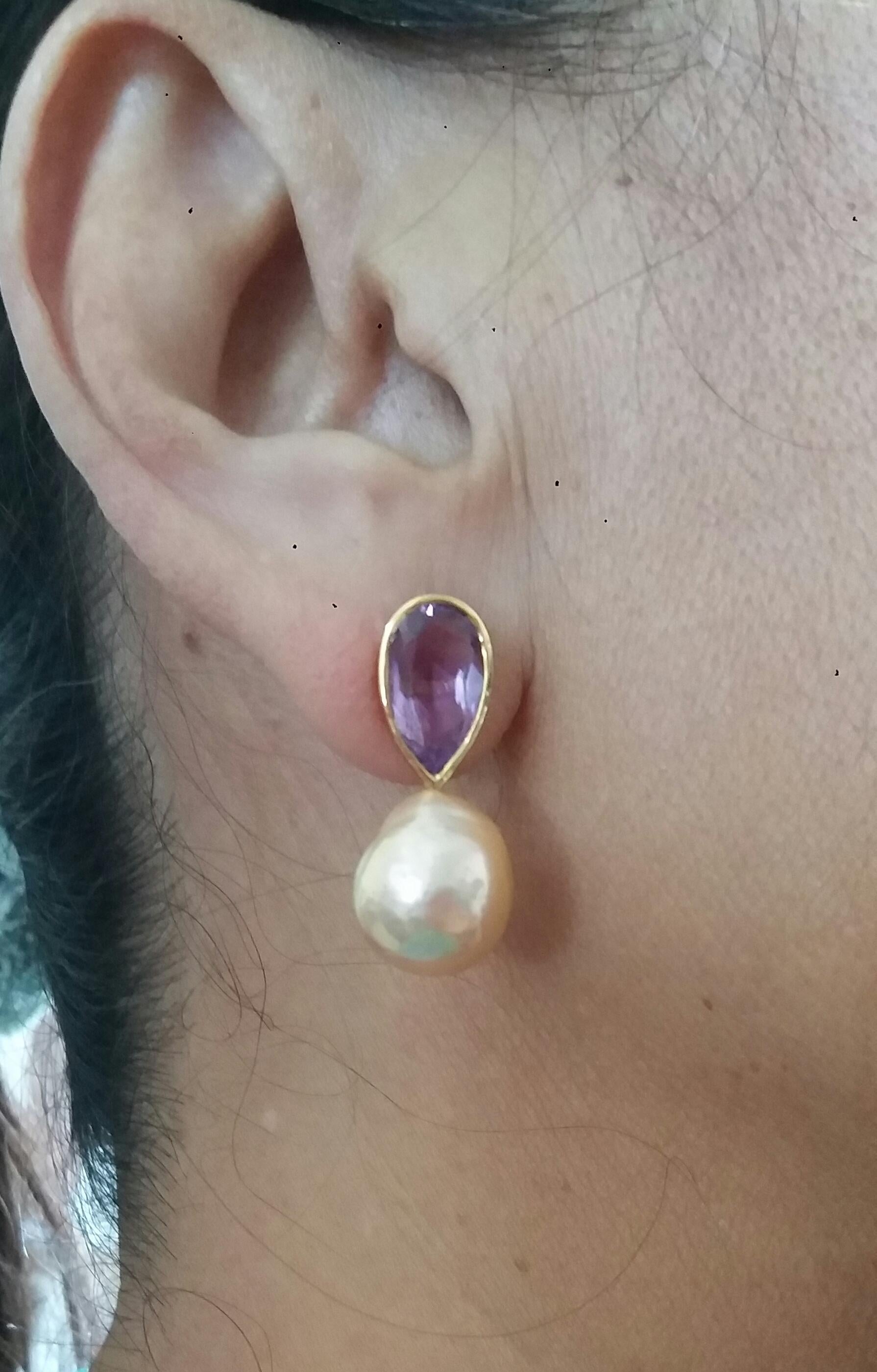 Pear Shape Amethysts 14 K Yellow Gold Cream Color Baroque Pearl Stud Earrings For Sale 9