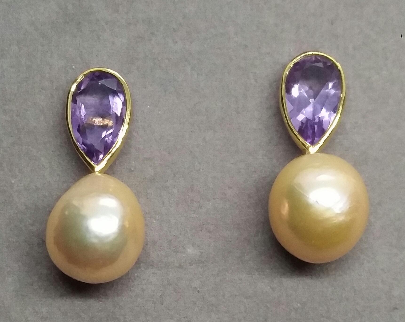 Pear Shape Amethysts 14 K Yellow Gold Cream Color Baroque Pearl Stud Earrings For Sale 10