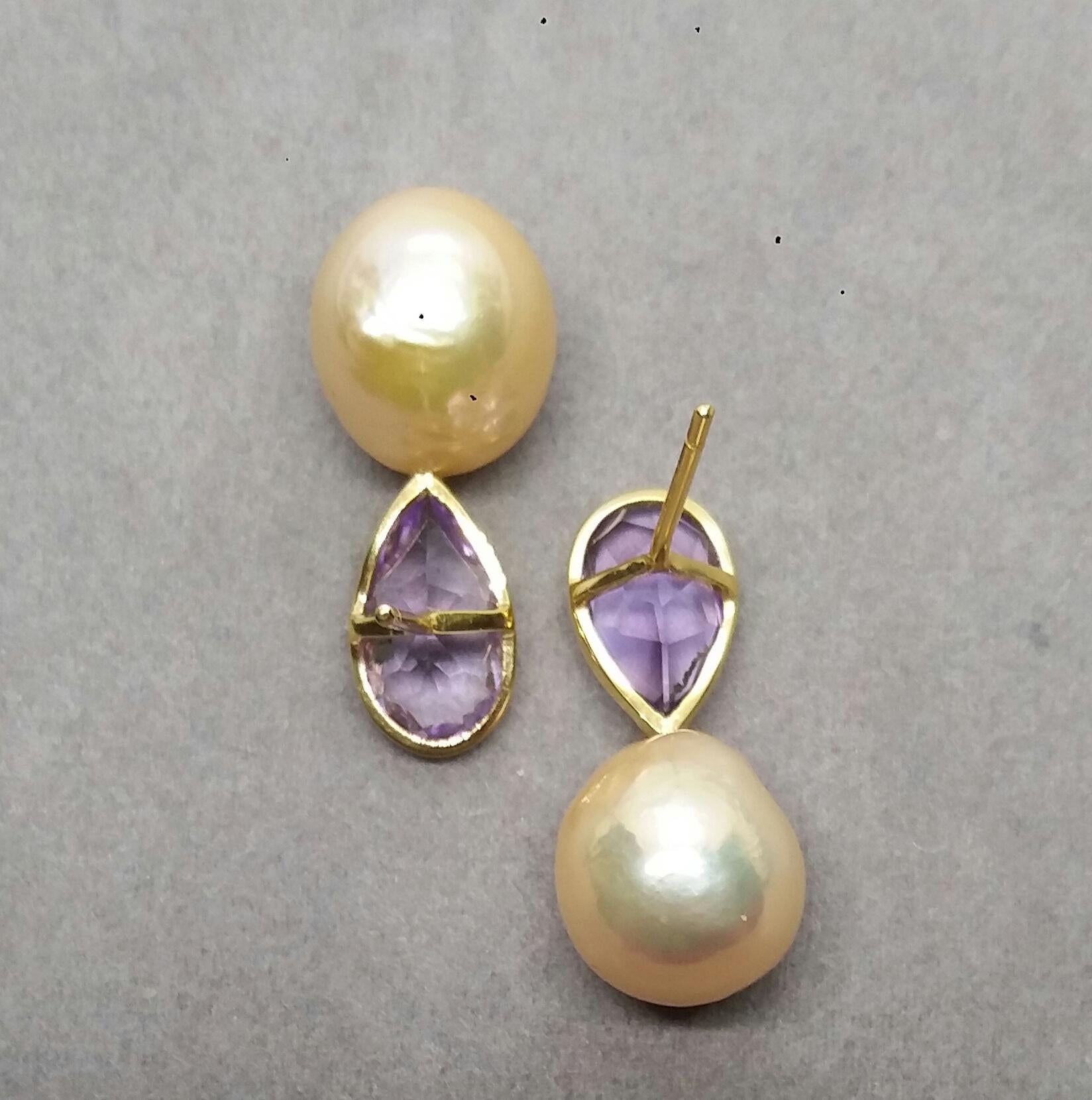 Women's Pear Shape Amethysts 14 K Yellow Gold Cream Color Baroque Pearl Stud Earrings