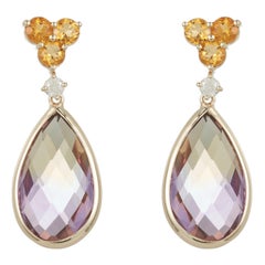 Pear Shape Ametrine Diamond Round Citrine Drop Dangle Earrings 14K Yellow Gold