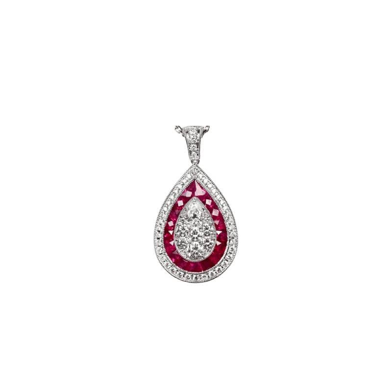 Indulge in the exquisite beauty of this pear-shaped pendant adorned with a dazzling array of diamonds and rubies. Crafted in 18k white gold, this pendant showcases a harmonious fusion of pear-shaped and round brilliant cut diamonds, expertly set in