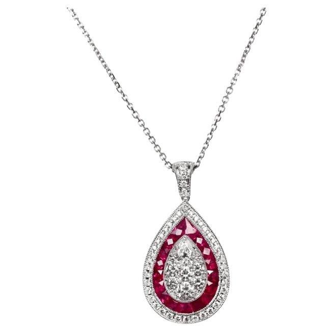 Pear Shape and Brilliant Cut Diamond Pendant, Ruby Halo, 18k White Gold For Sale