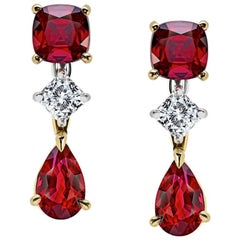 Pear shape and Cushion Cut Ruby and Diamond Platinum and 18k Drop Earrings