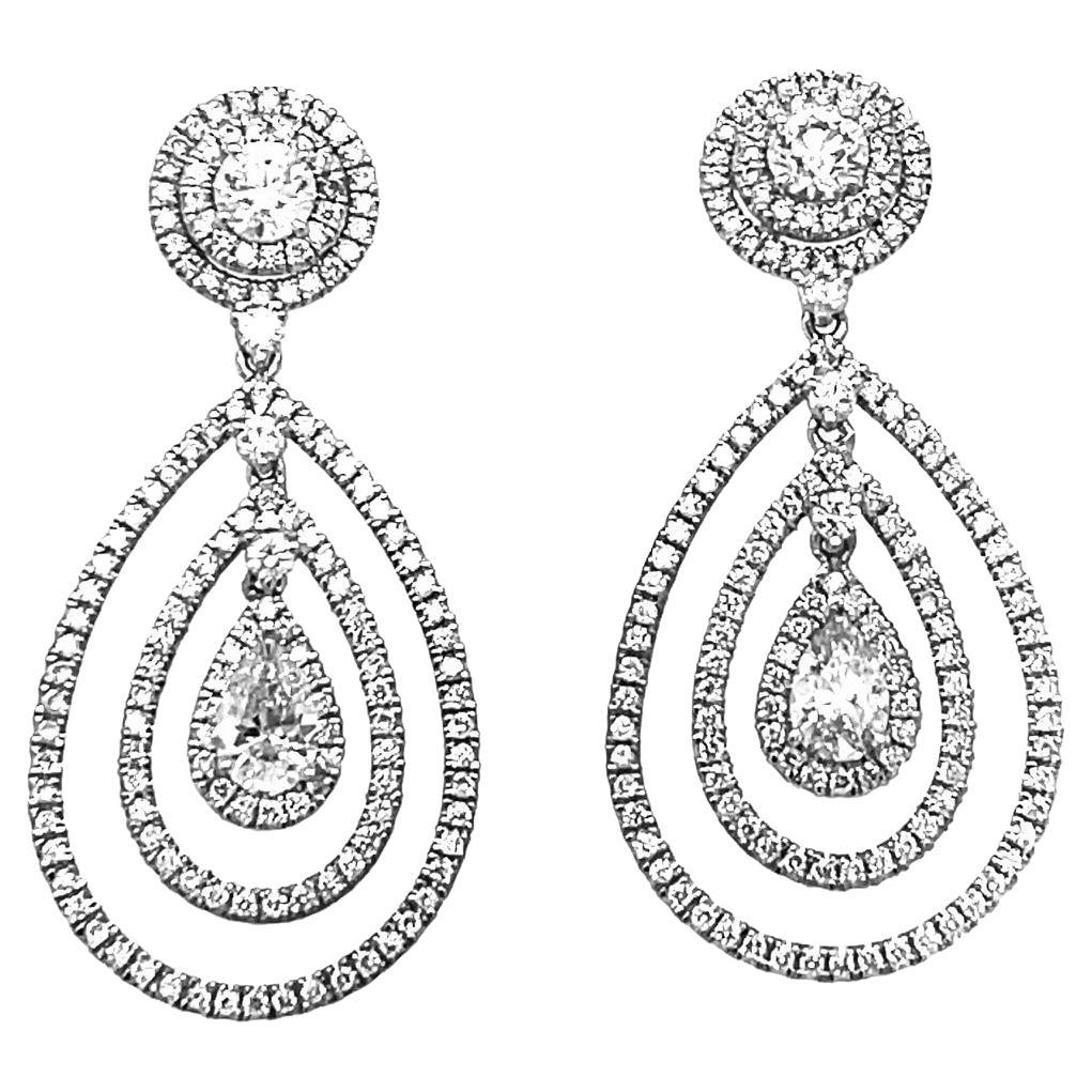 Pear Shape and Round Diamond 3.70 Carats Dangling Earrings 18k White Gold GIA For Sale