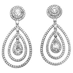 Pear Shape and Round Diamond 3.70 Carats Dangling Earrings 18k White Gold GIA