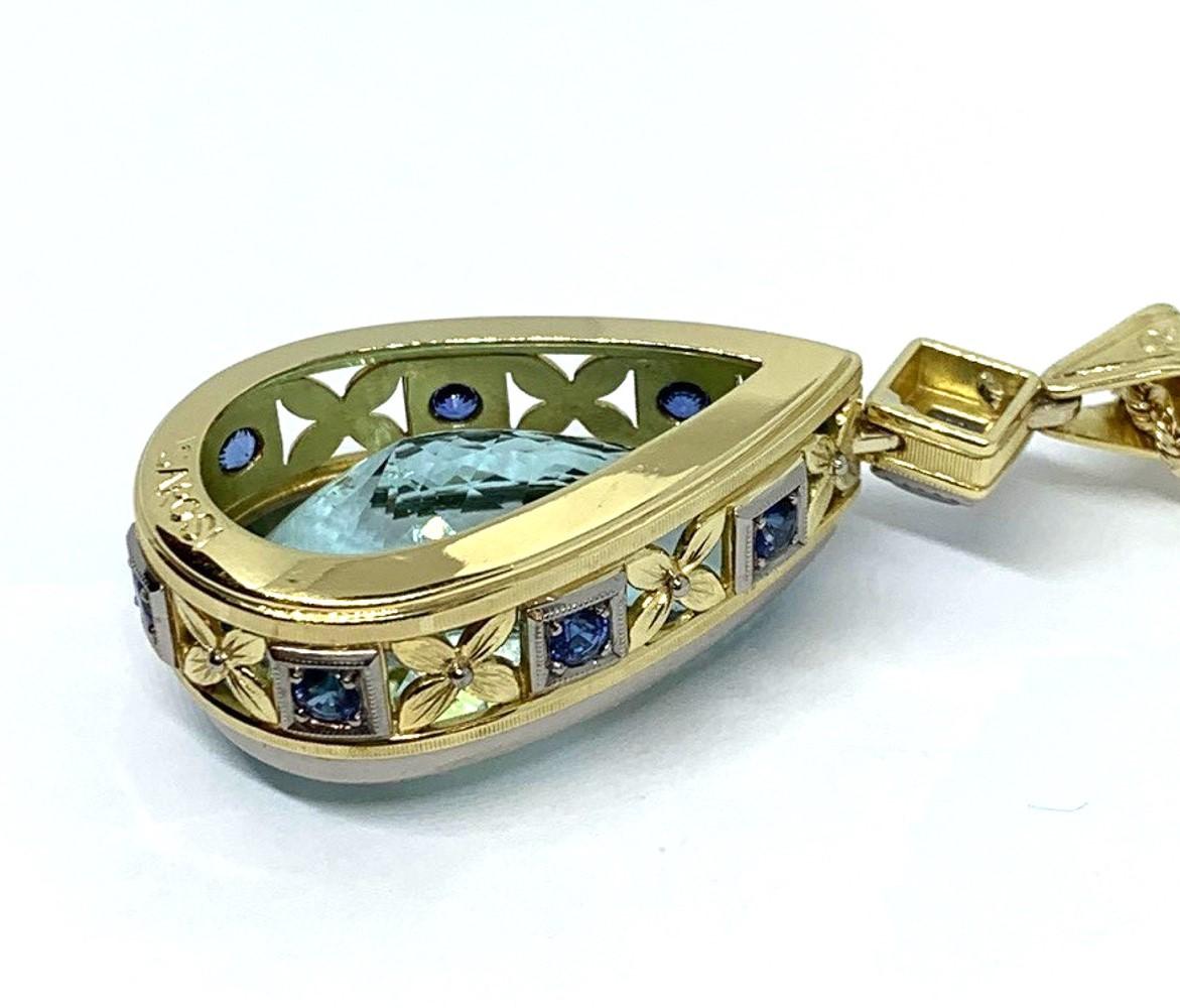 Artisan 54.95 ct. Aquamarine Pear, Blue Sapphire, Yellow & White Gold Bezel Drop Pendant