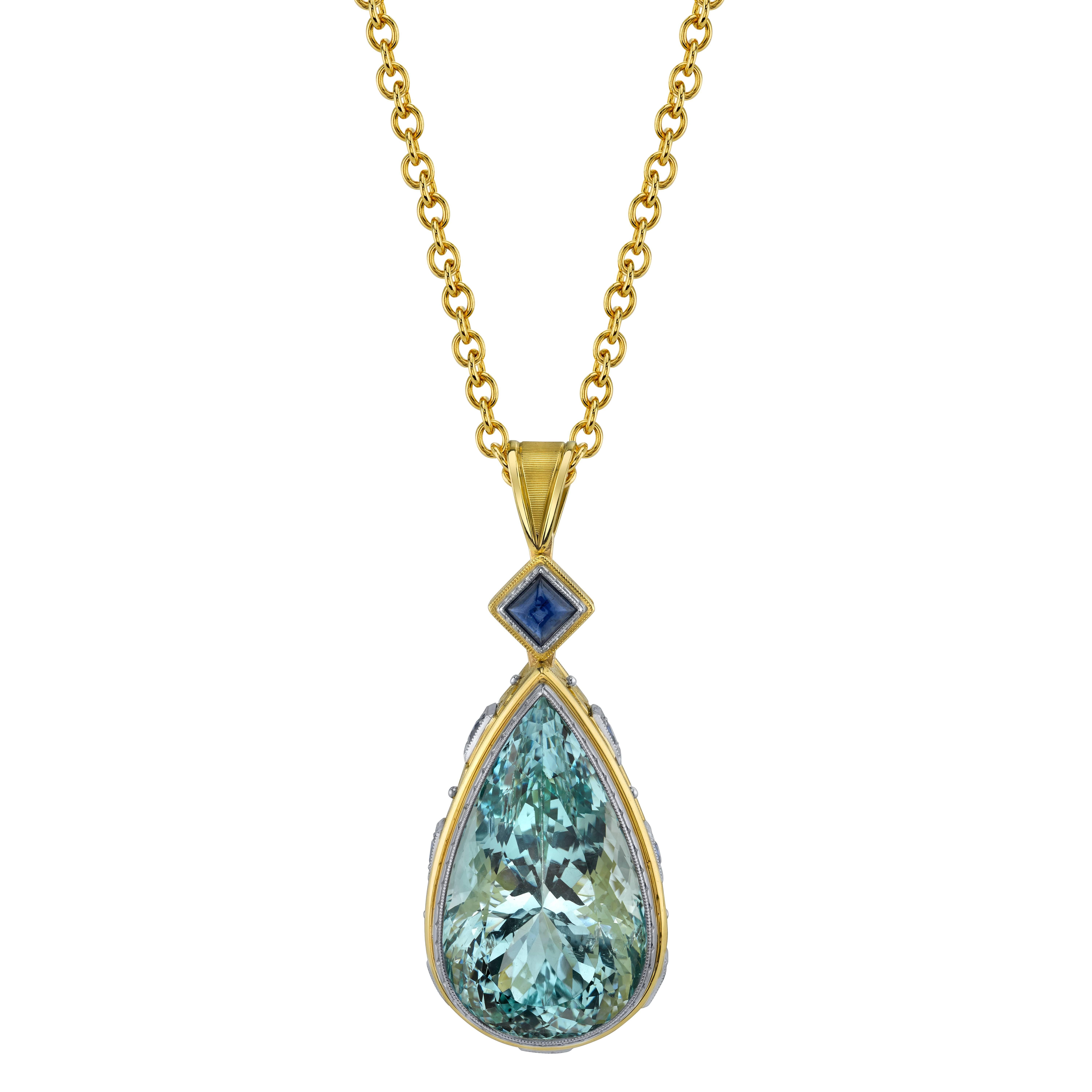 54.95 ct. Aquamarine Pear, Blue Sapphire, Yellow & White Gold Bezel Drop Pendant