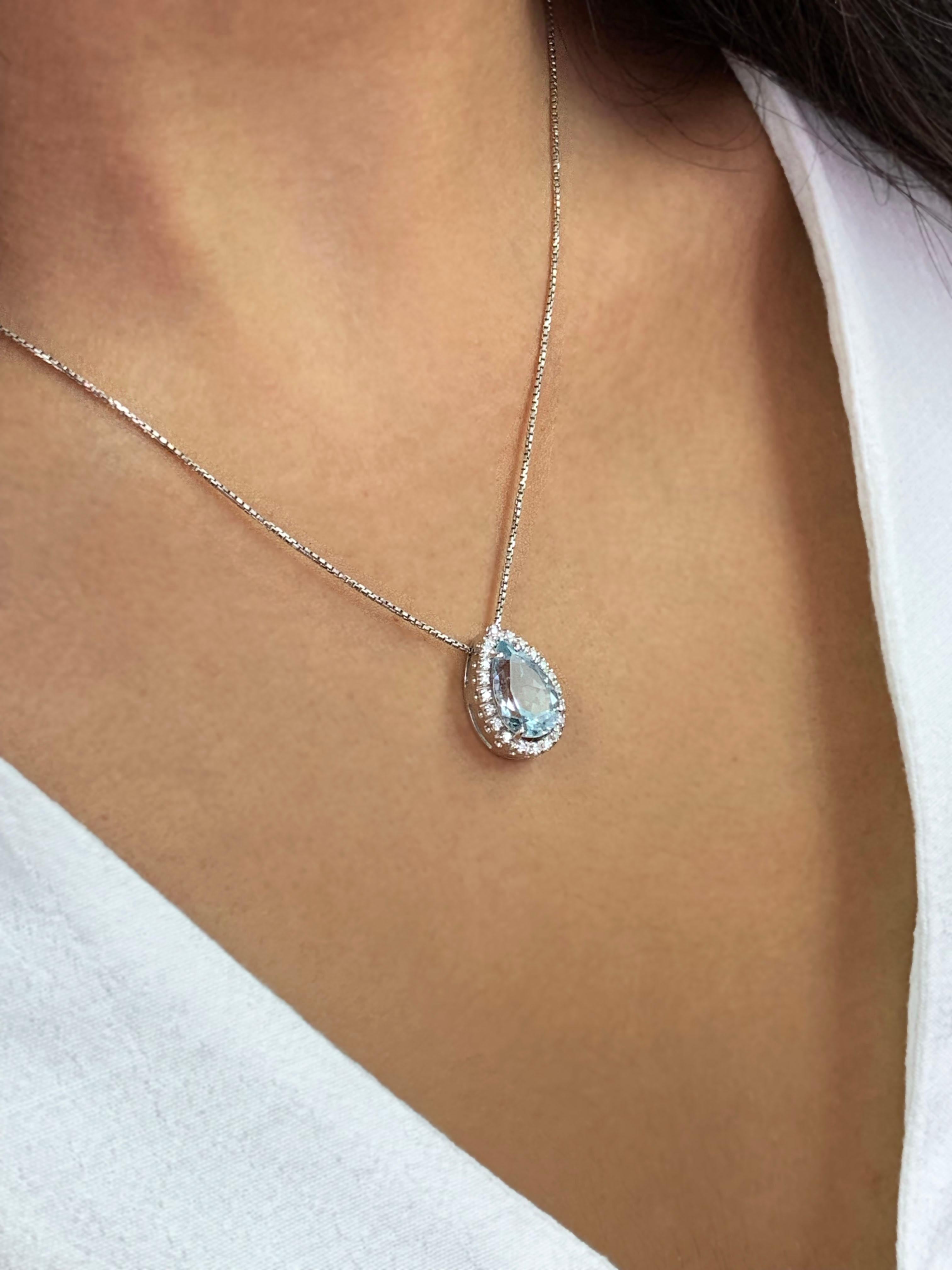 Pear Shape Aquamarine and Diamond 18 Carat Gold Pendant and Chain 1