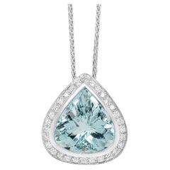 Pear Shape Aquamarine and Diamond Halo 18 Carat White Gold Pendant and Chain