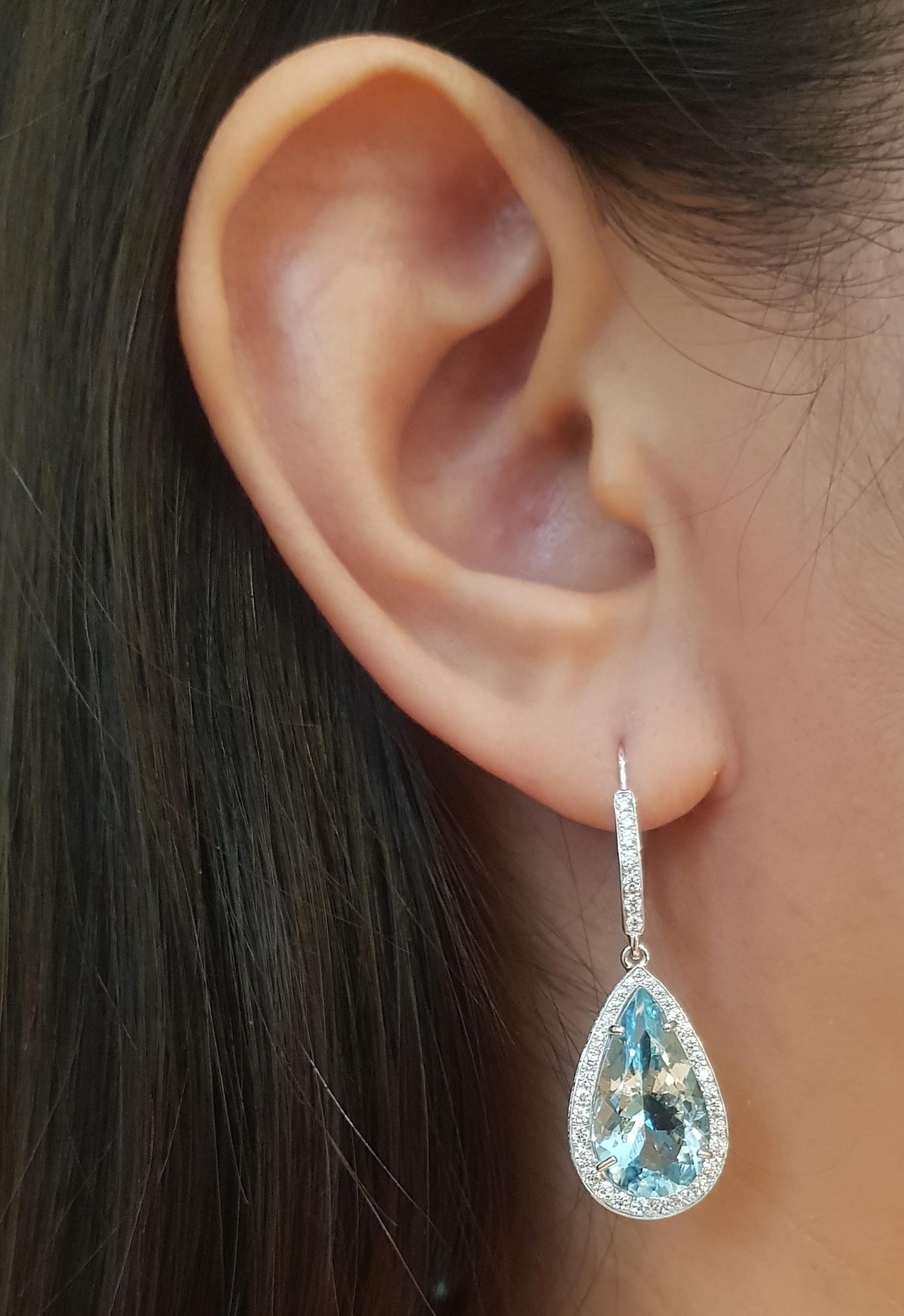 Aquamarine 9.06 carats with Diamond 1.1 carats Earrings set in Platinum 950 Settings

Width: 1.3 cm 
Length: 3.4 cm
Total Weight: 7.81 grams

