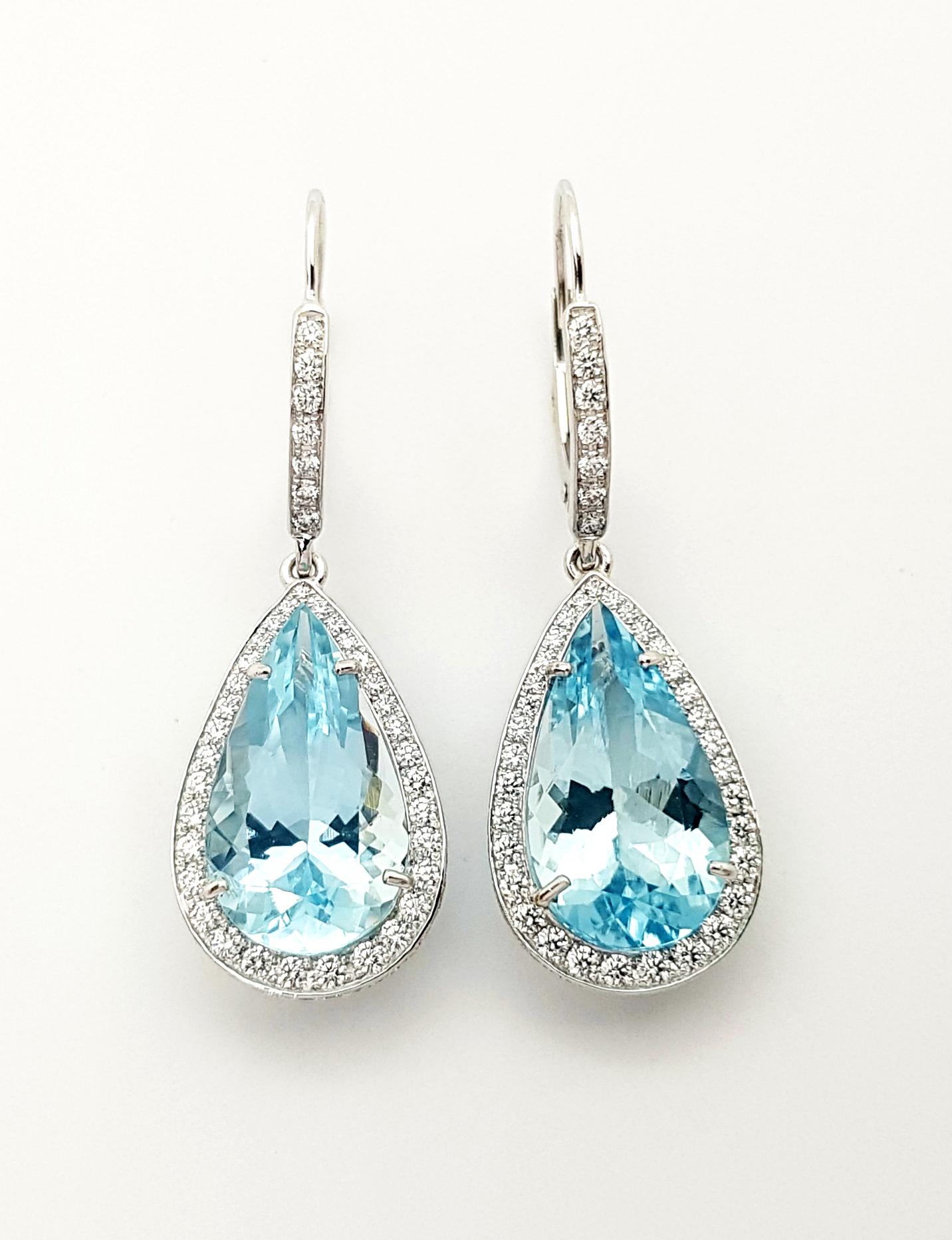 Contemporary Pear Shape Aquamarine with Diamond Earrings Set in Platinum 950 Settings For Sale