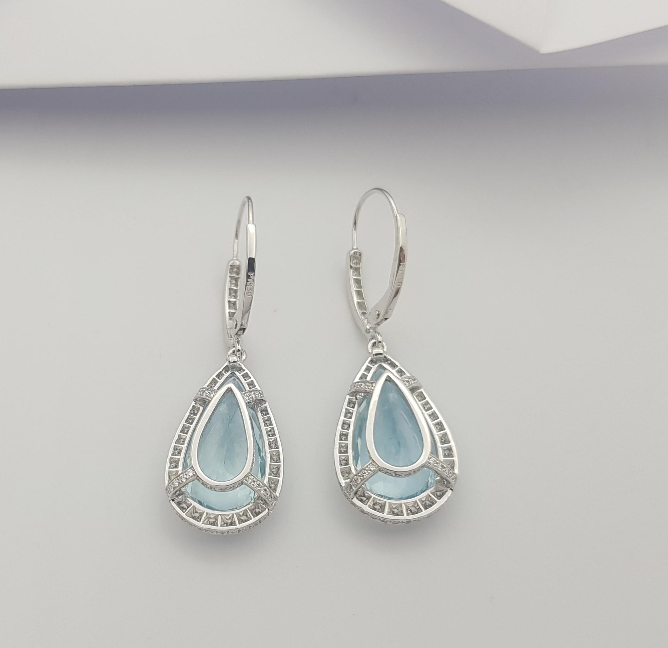 Pear Shape Aquamarine with Diamond Earrings Set in Platinum 950 Settings For Sale 2
