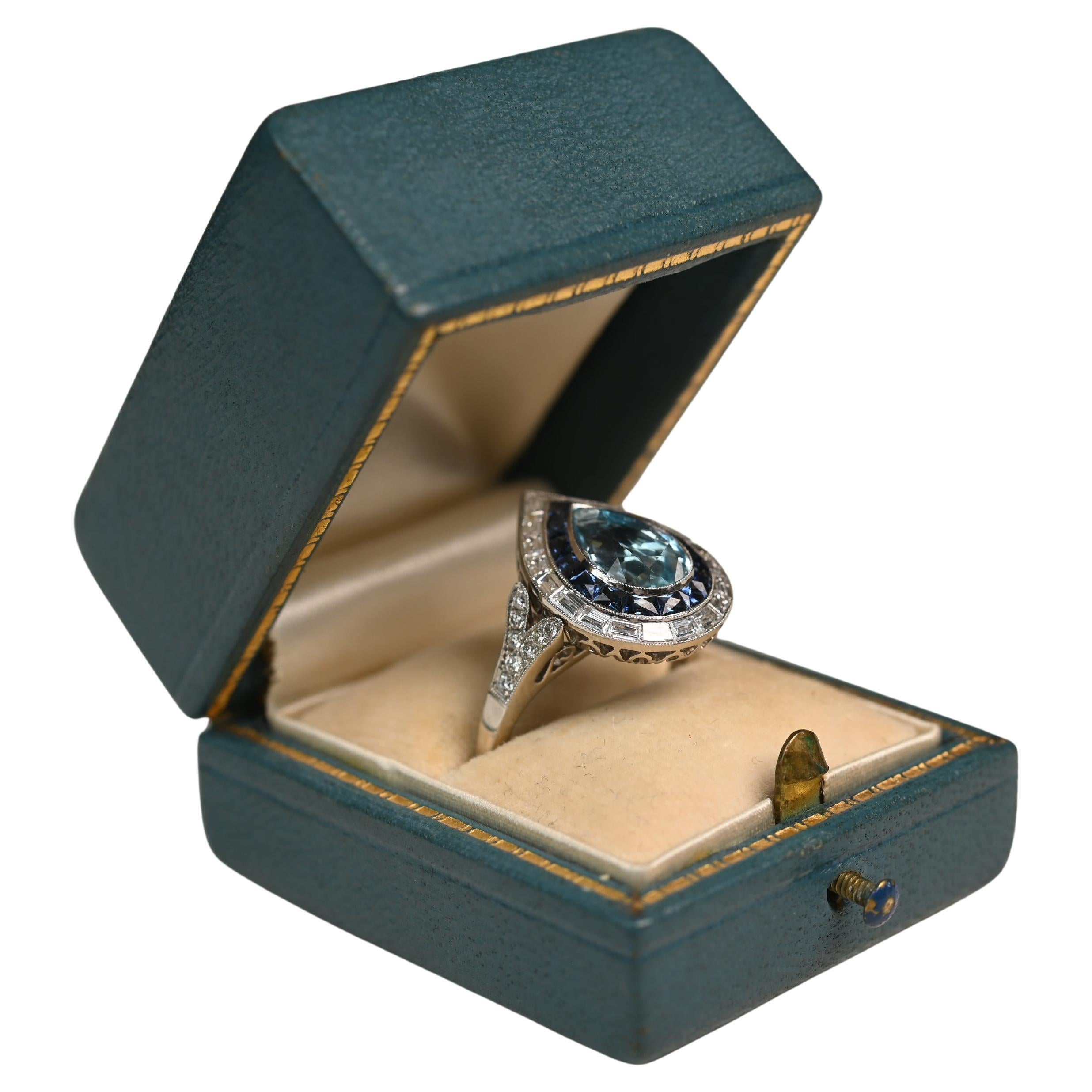 1.80 Carat Aquamarine Engagement Ring. Pear Sapphire Diamond Halo Ring Platinum For Sale
