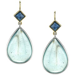 Pear Shape Aquamarines and Two Princess Cut Sapphires 18 Karat Gold Earrings