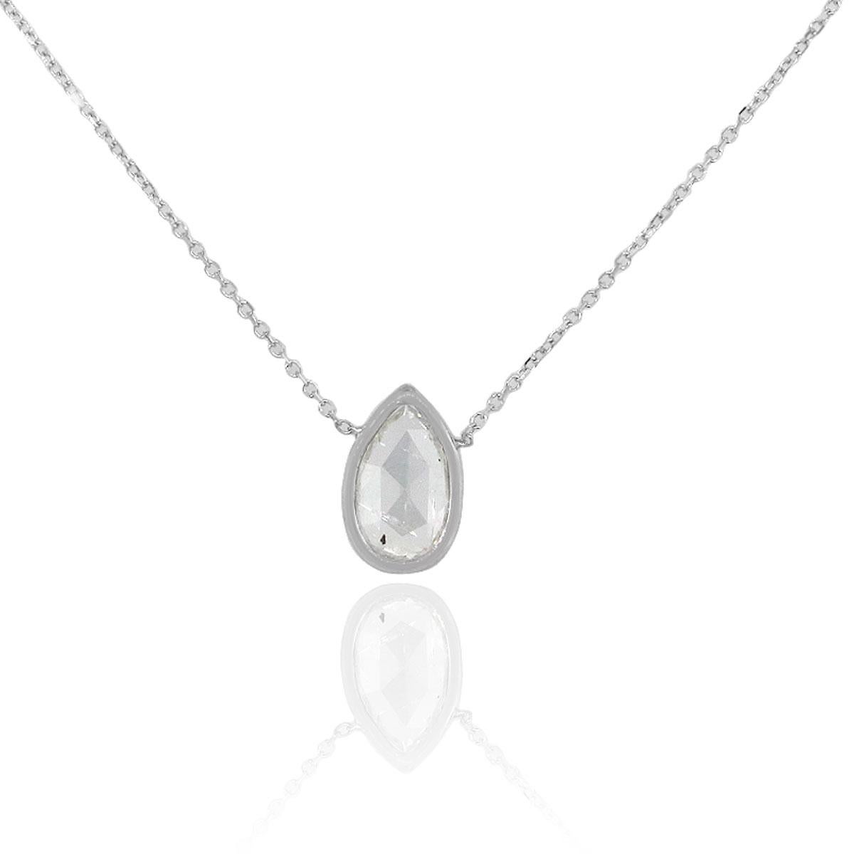 Material: 14k White Gold
Diamond Details: Approx. 1.24ctw Bezel set pear shape diamond.
Measurements: Necklace measures 16