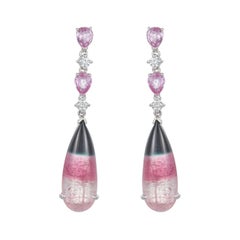 Pear Shape Bicolor Watermelon Tourmaline Earrings Pink Sapphire Diamond 14k Gold