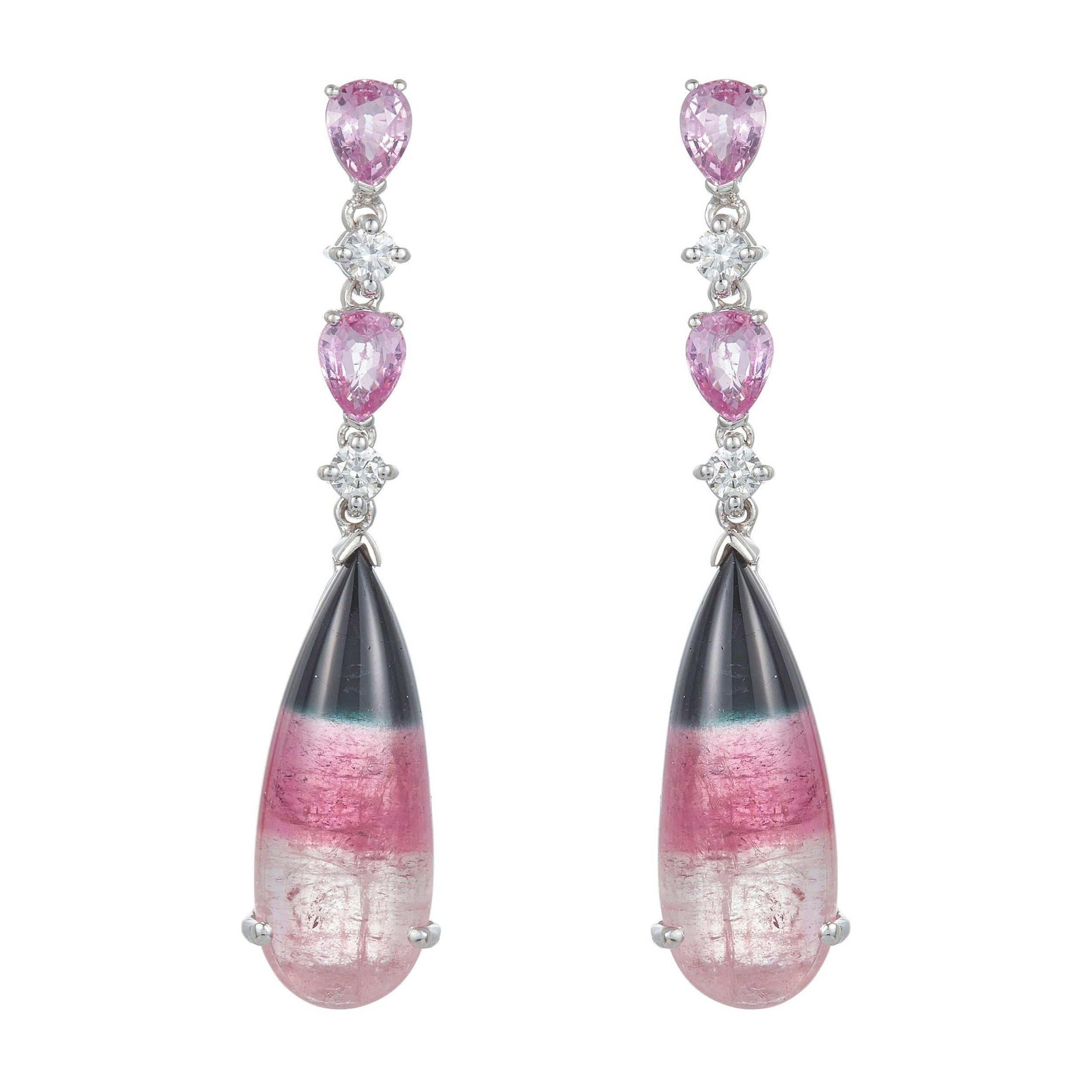 Pear Shape Bicolor Watermelon Tourmaline Earrings Pink Sapphire Diamond 14k Gold