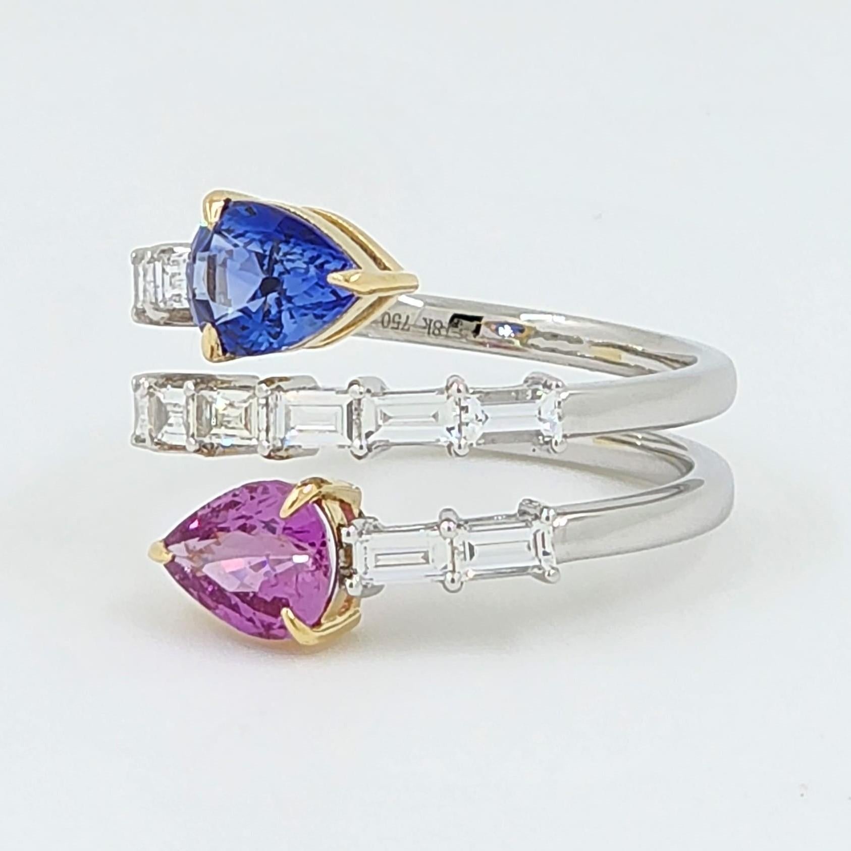 Contemporary Pear Shape Blue and Pink Sapphire Diamond Ring in 18 Karat Yellow and White Gold