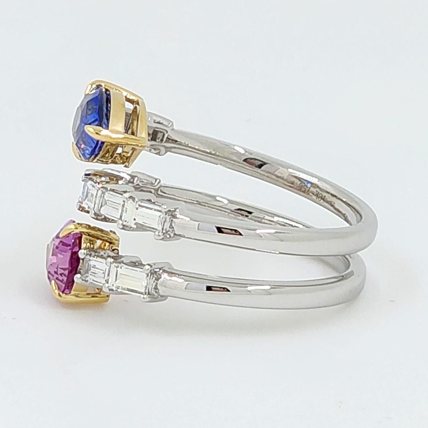 Pear Cut Pear Shape Blue and Pink Sapphire Diamond Ring in 18 Karat Yellow and White Gold