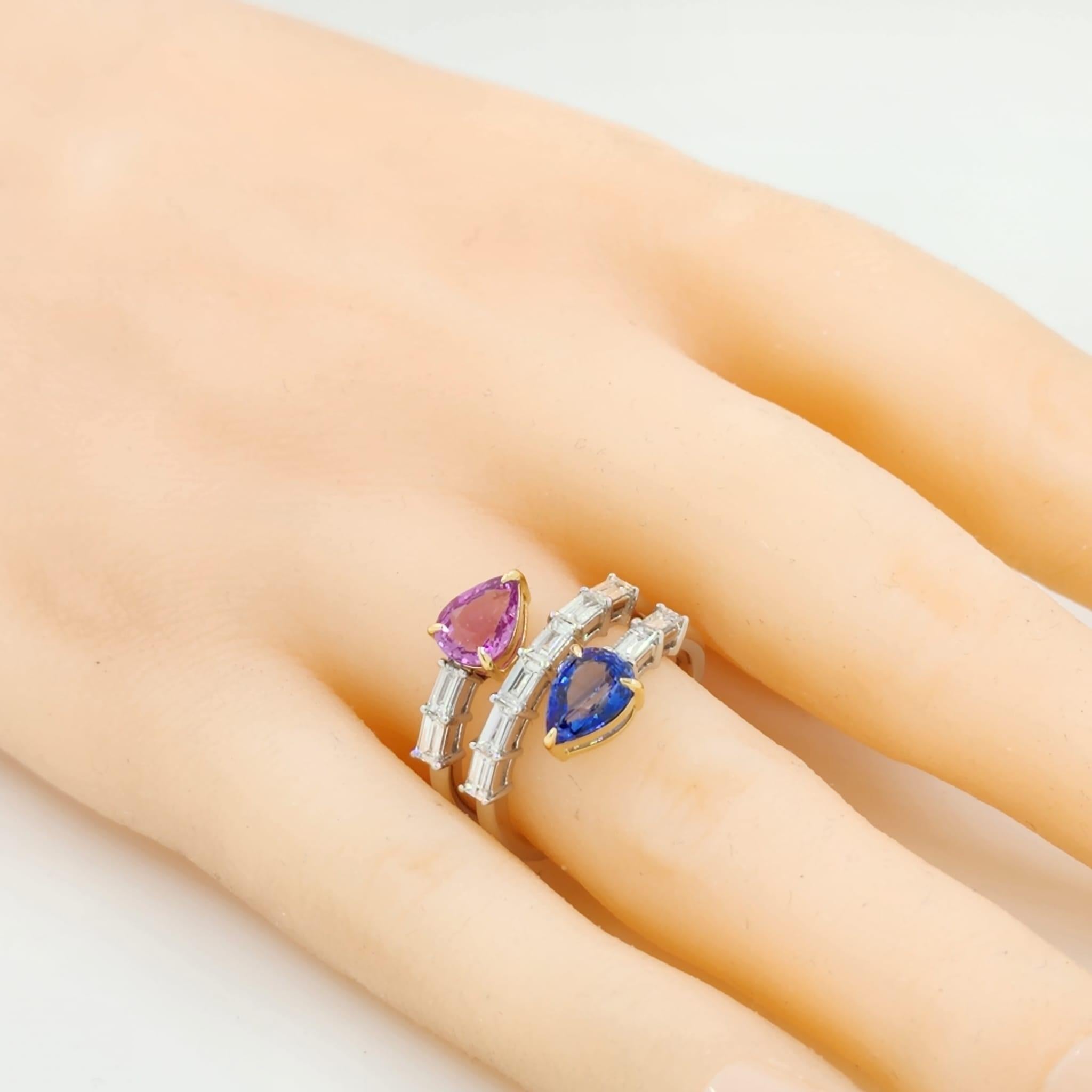 Women's Pear Shape Blue and Pink Sapphire Diamond Ring in 18 Karat Yellow and White Gold