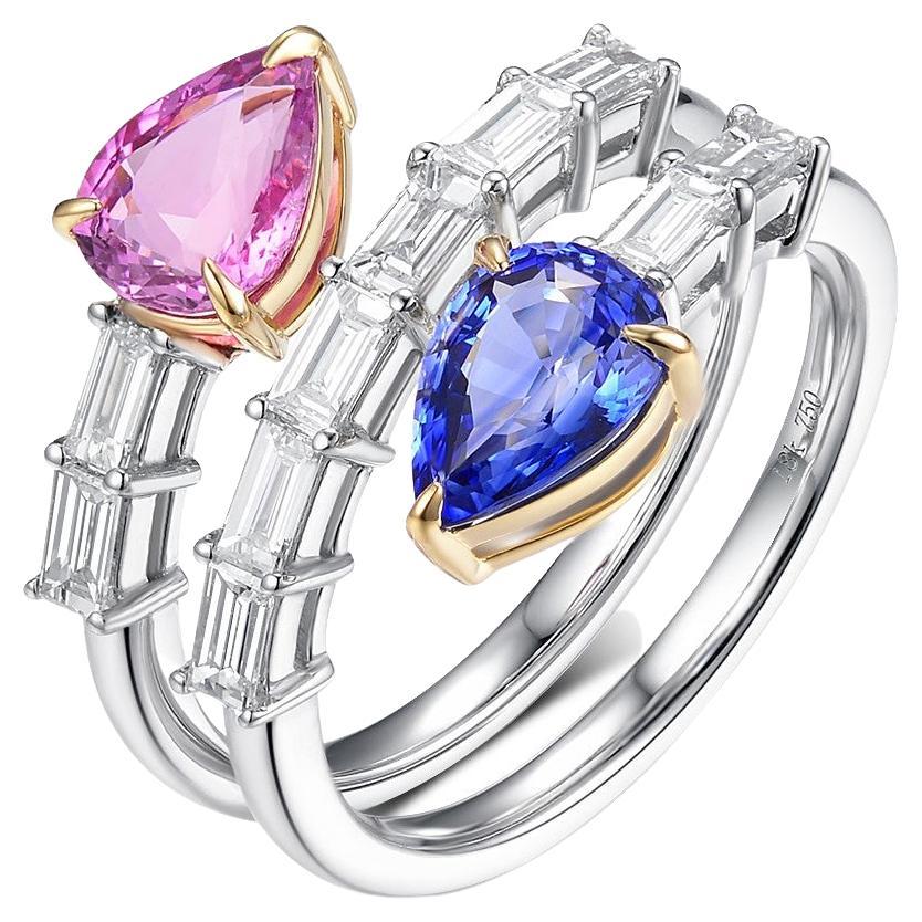 Pear Shape Blue and Pink Sapphire Diamond Ring in 18 Karat Yellow and White Gold