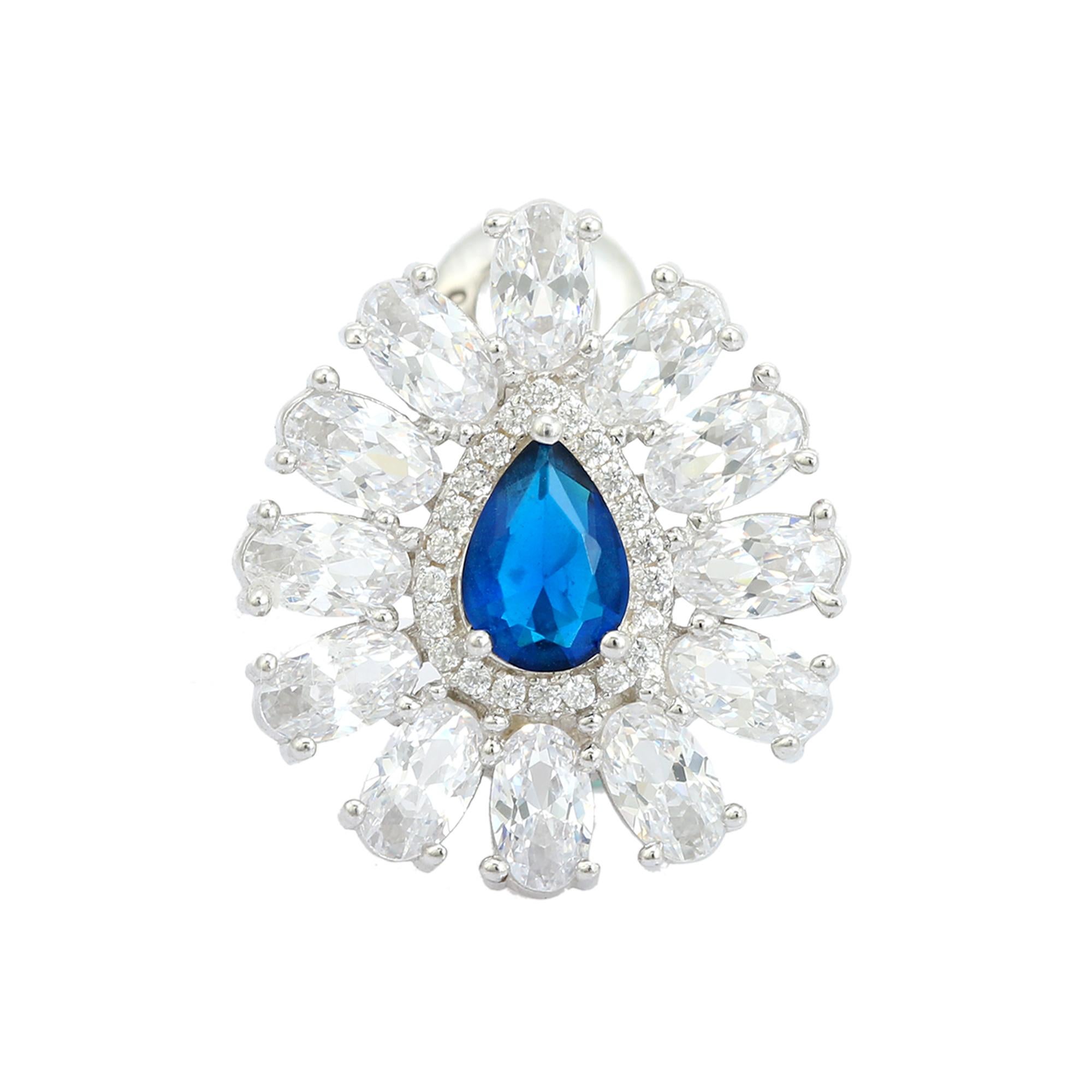 Art Deco Pear Shape Blue Color Rhinestone Studs Earring for Her in 925 Sterling Silver For Sale