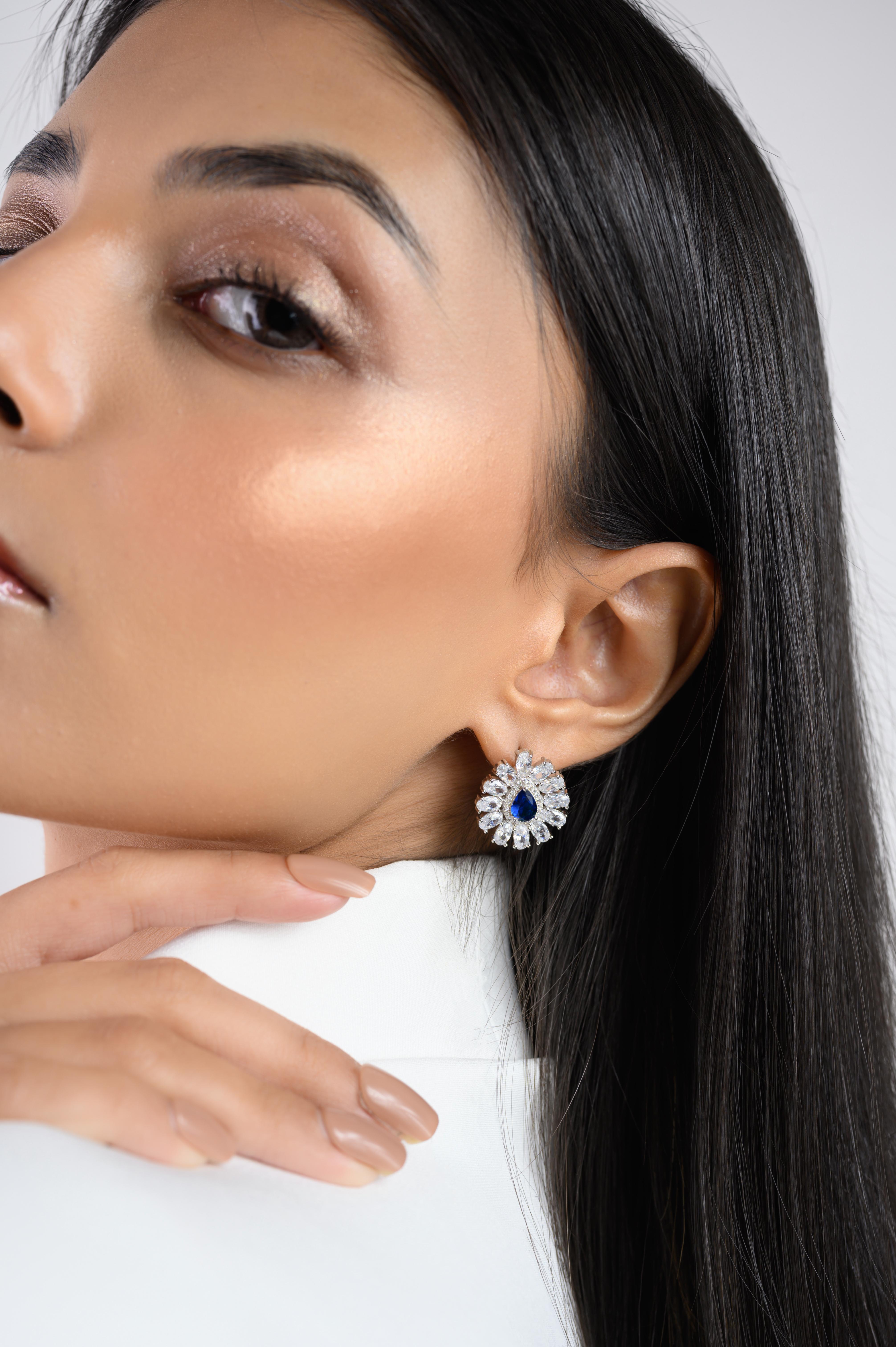 Mixed Cut Pear Shape Blue Color Rhinestone Studs Earring for Her in 925 Sterling Silver For Sale