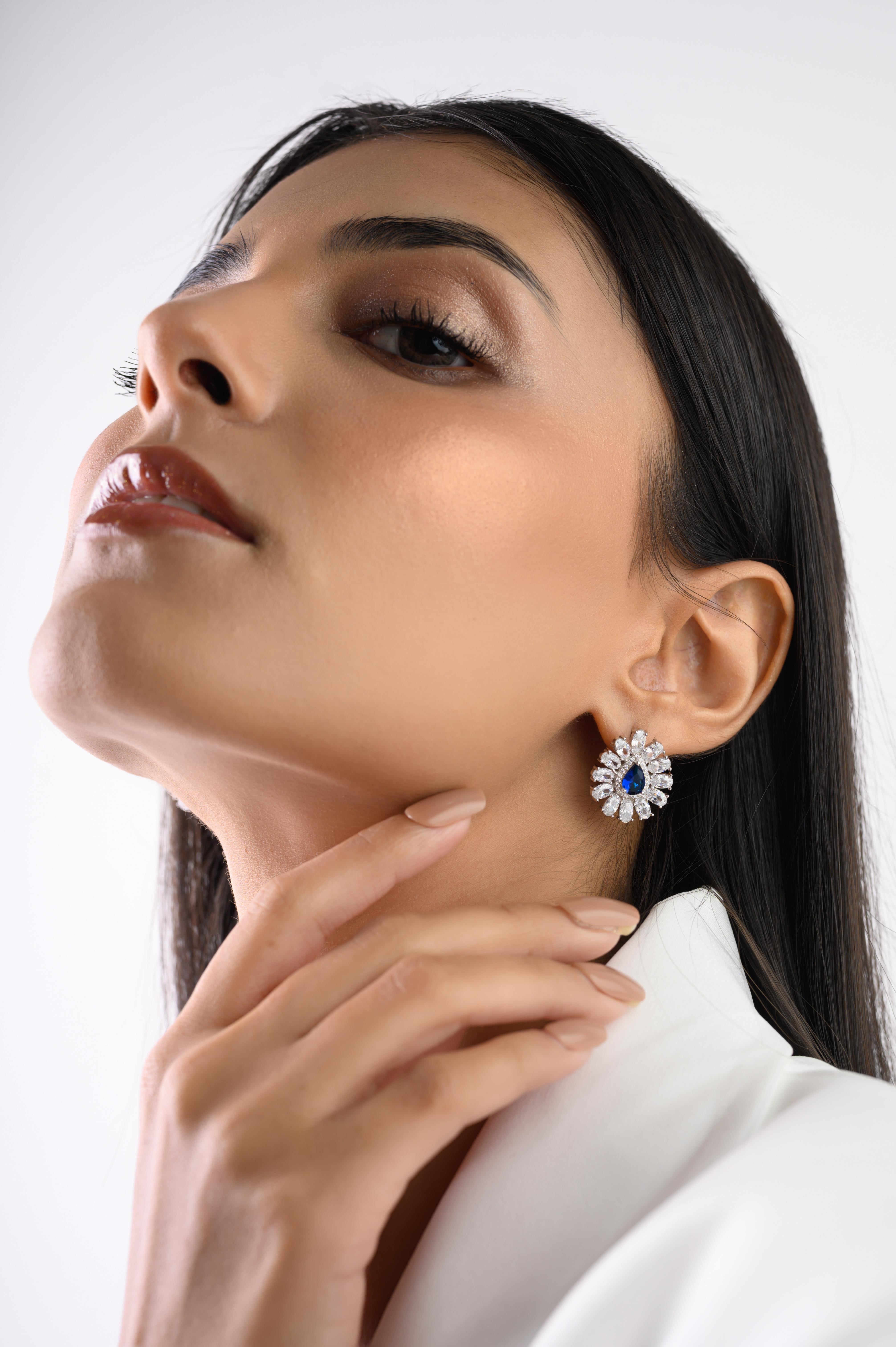 Pear Shape Blue Color Rhinestone Studs Earring for Her in 925 Sterling Silver For Sale 1