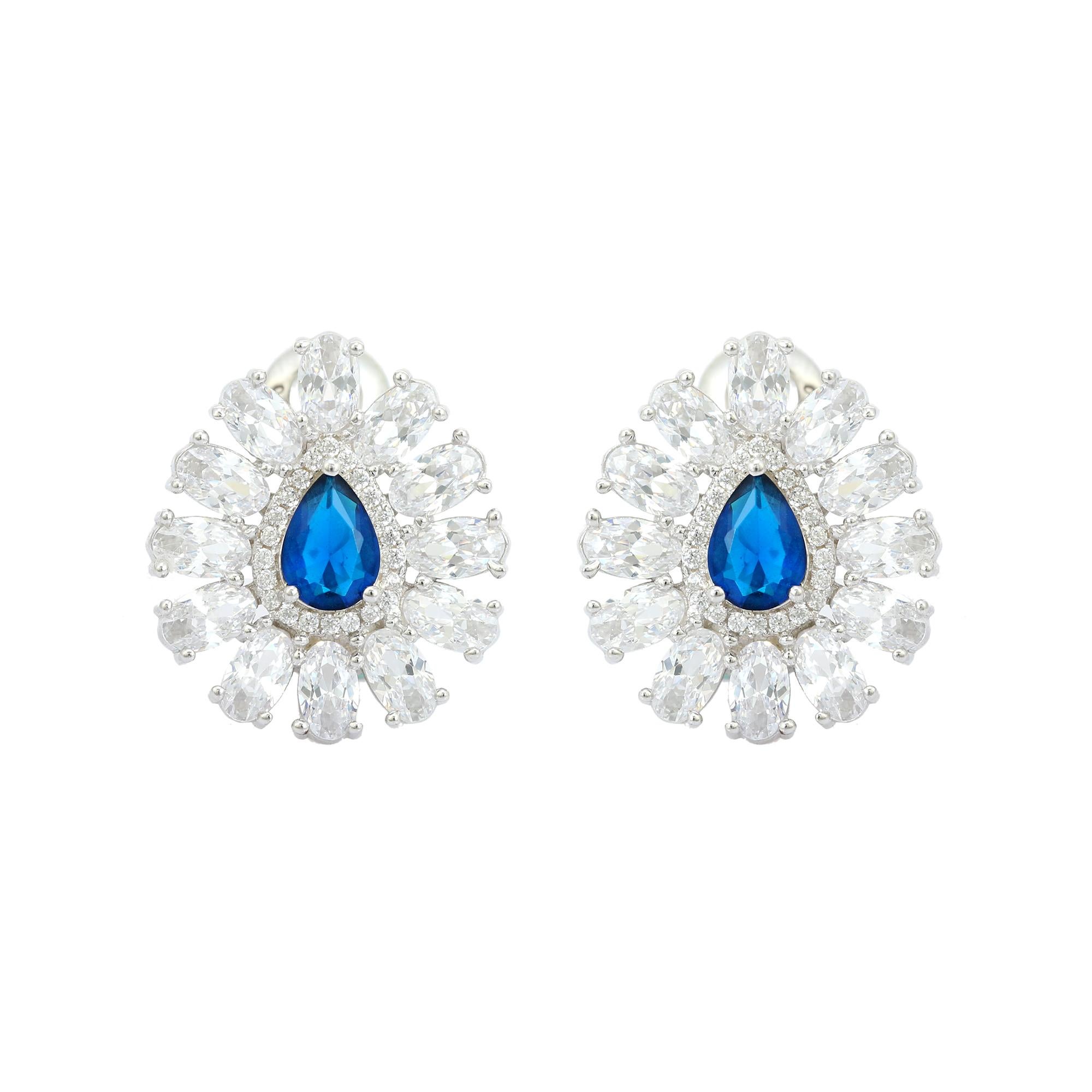 Pear Shape Blue Color Rhinestone Studs Earring for Her in 925 Sterling Silver For Sale 3