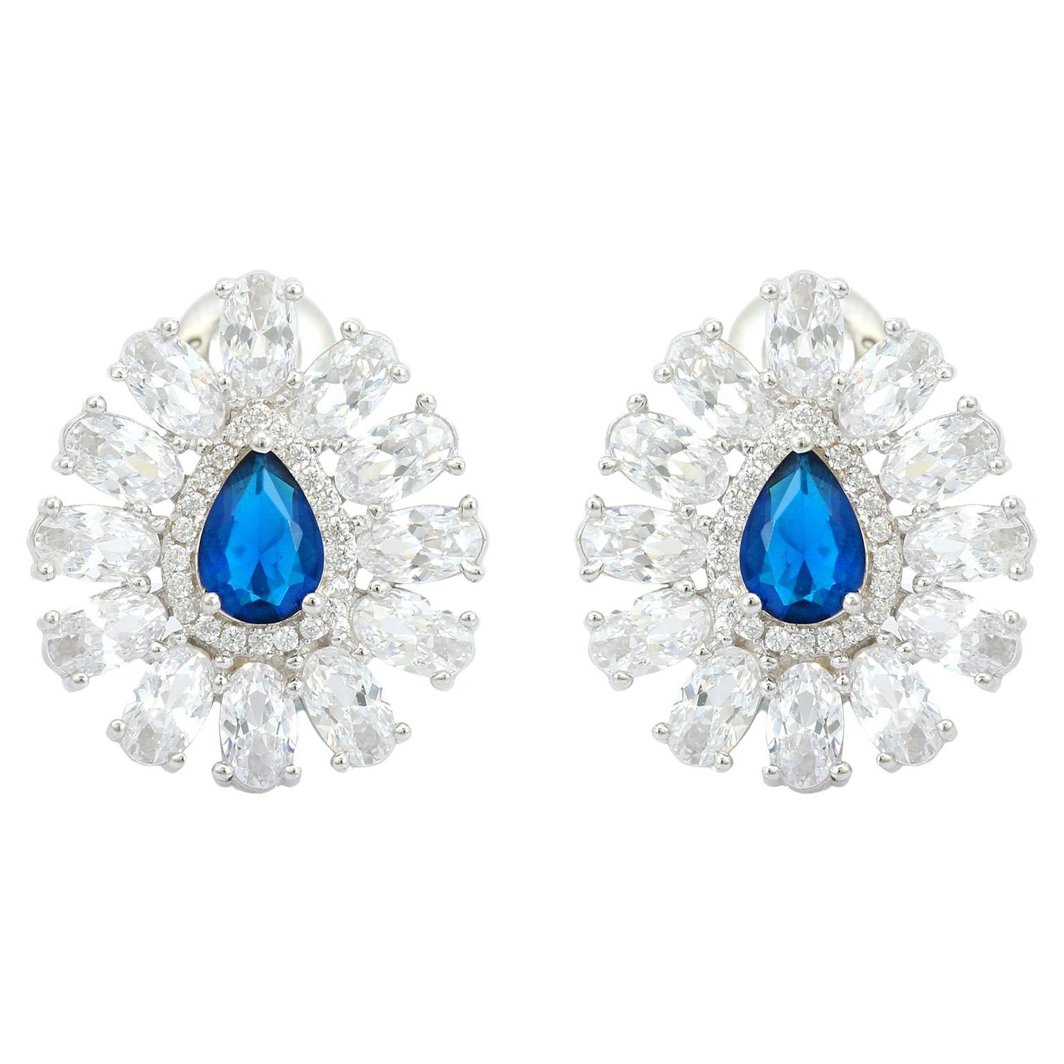 Pear Shape Blue Color Rhinestone Studs Earring for Her in 925 Sterling Silver For Sale