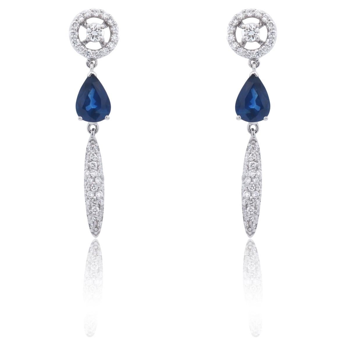  Pear Shape Blue Sapphire and Diamond Dangle Drop Earrings 14K White Gold