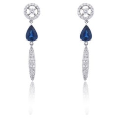  Pear Shape Blue Sapphire and Diamond Dangle Drop Earrings 14K White Gold
