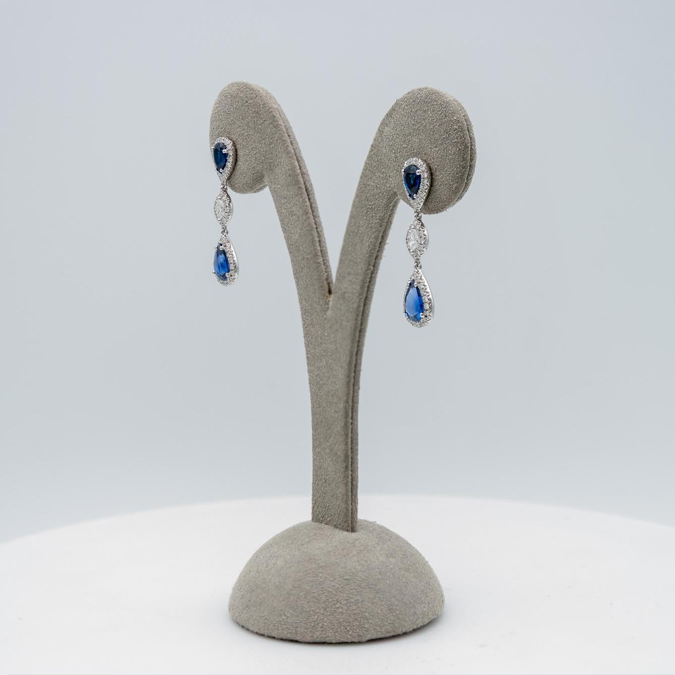 Mixed Cut 2.79 Carats Total Pear Shape Blue Sapphire and Diamond Dangle Drop Earrings For Sale
