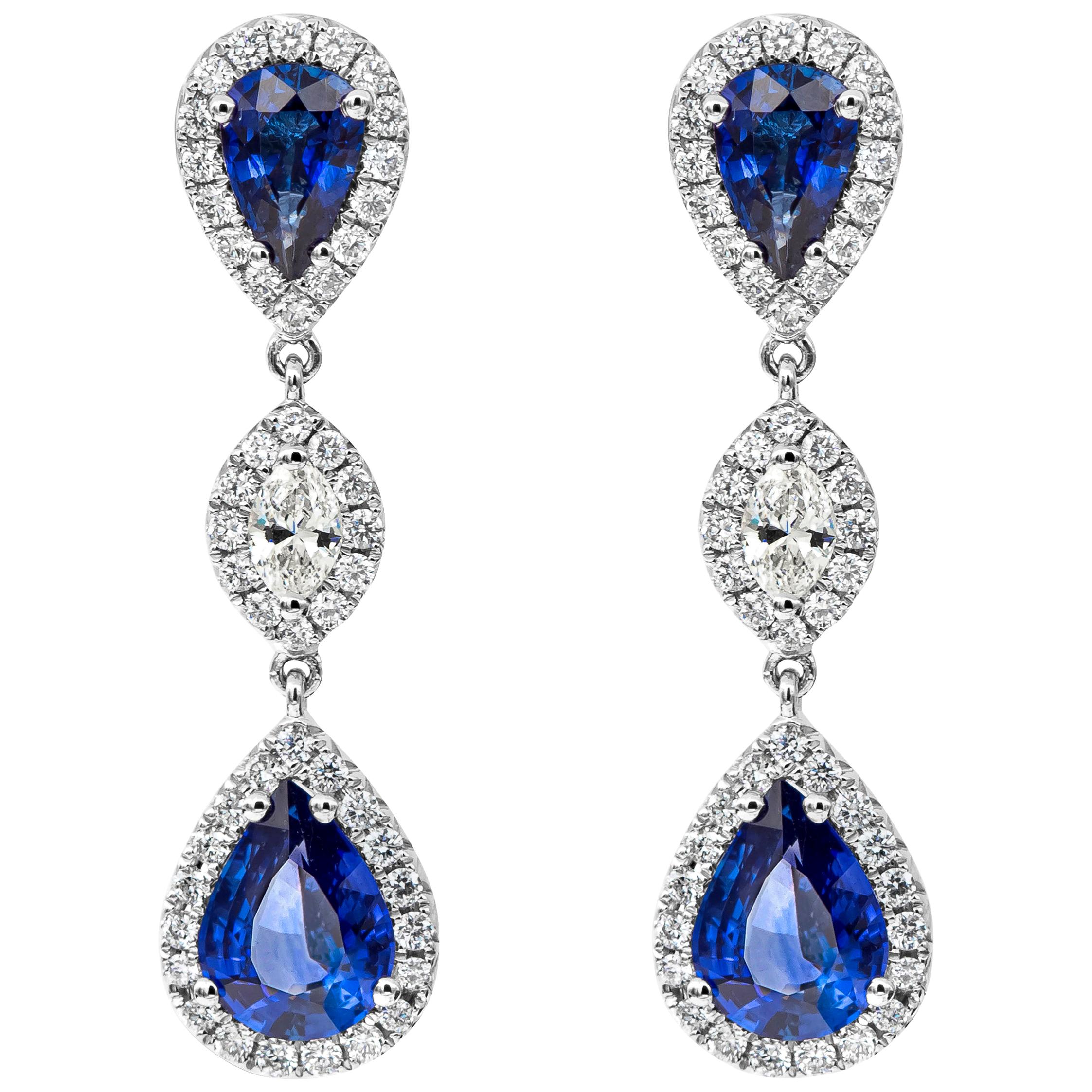 Pear Shape Blue Sapphire and Diamond Dangle Drop Earrings