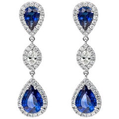 2.79 Carats Total Pear Shape Blue Sapphire and Diamond Dangle Drop Earrings