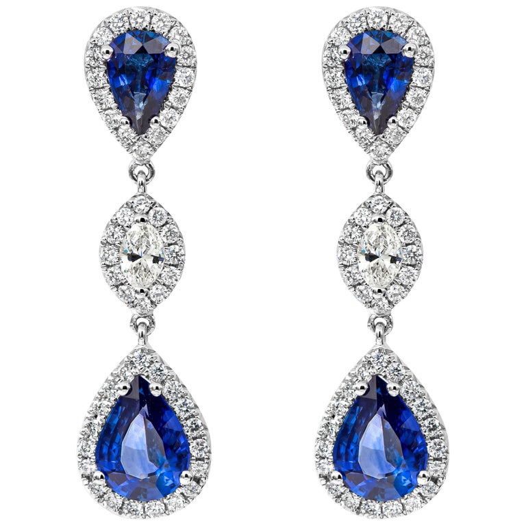 Pear Shape Blue Sapphire and Diamond Dangle Drop Earrings For Sale at