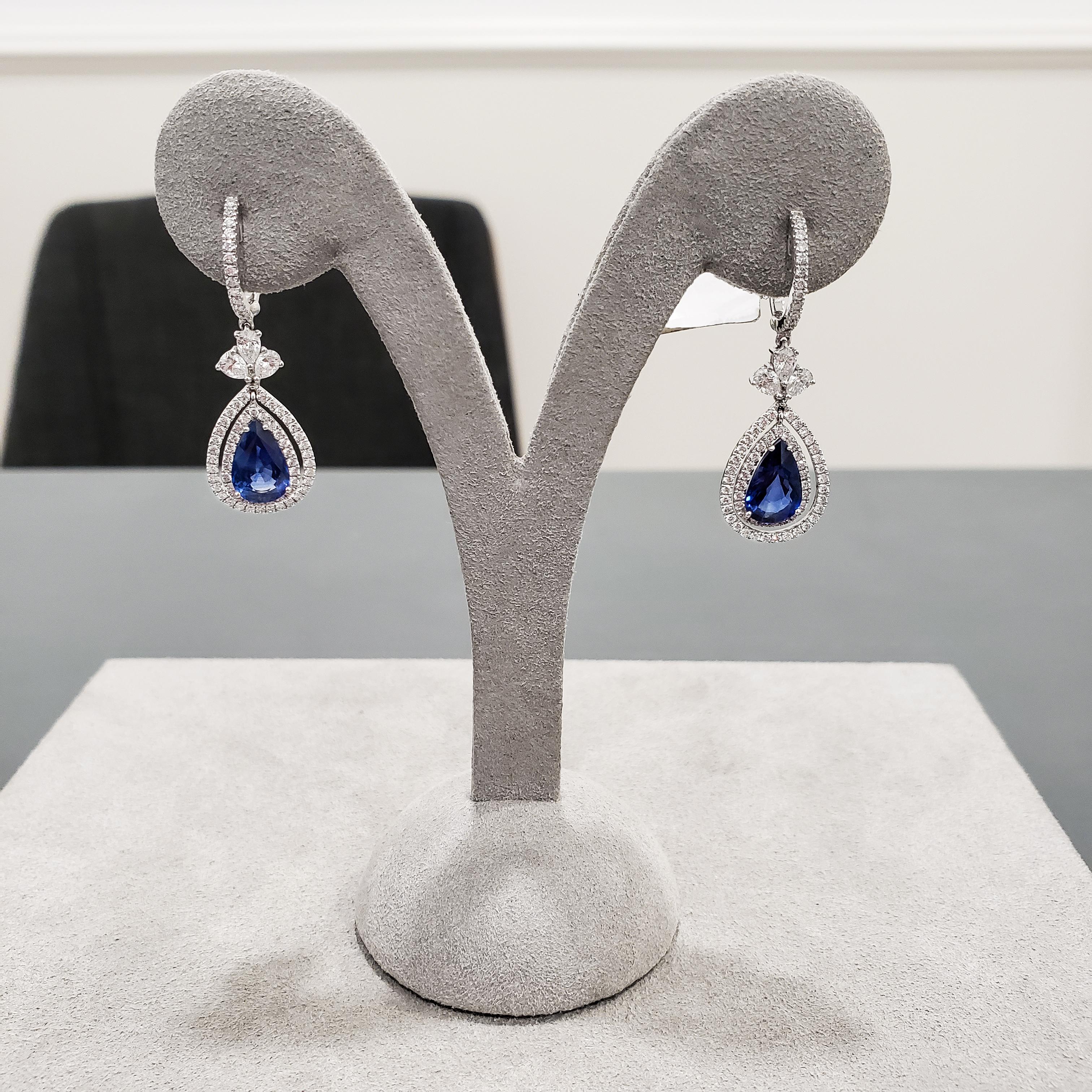 Roman Malakov 4.18 Carat Blue Sapphire And Diamond Double Halo Dangle Earrings In New Condition For Sale In New York, NY