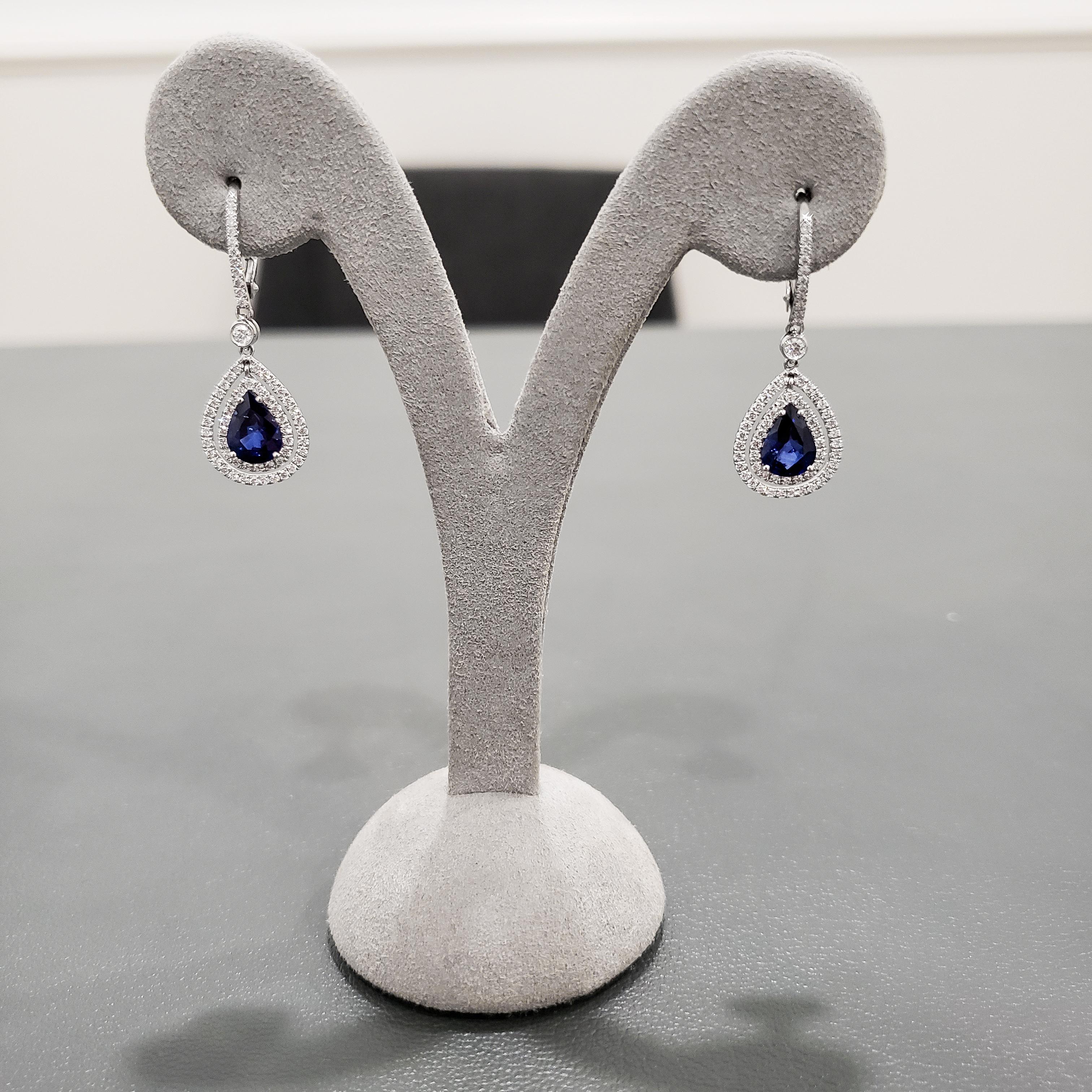 2.57 Carats Pear Shape Blue Sapphire with Diamond Double Halo Dangle Earrings In New Condition For Sale In New York, NY