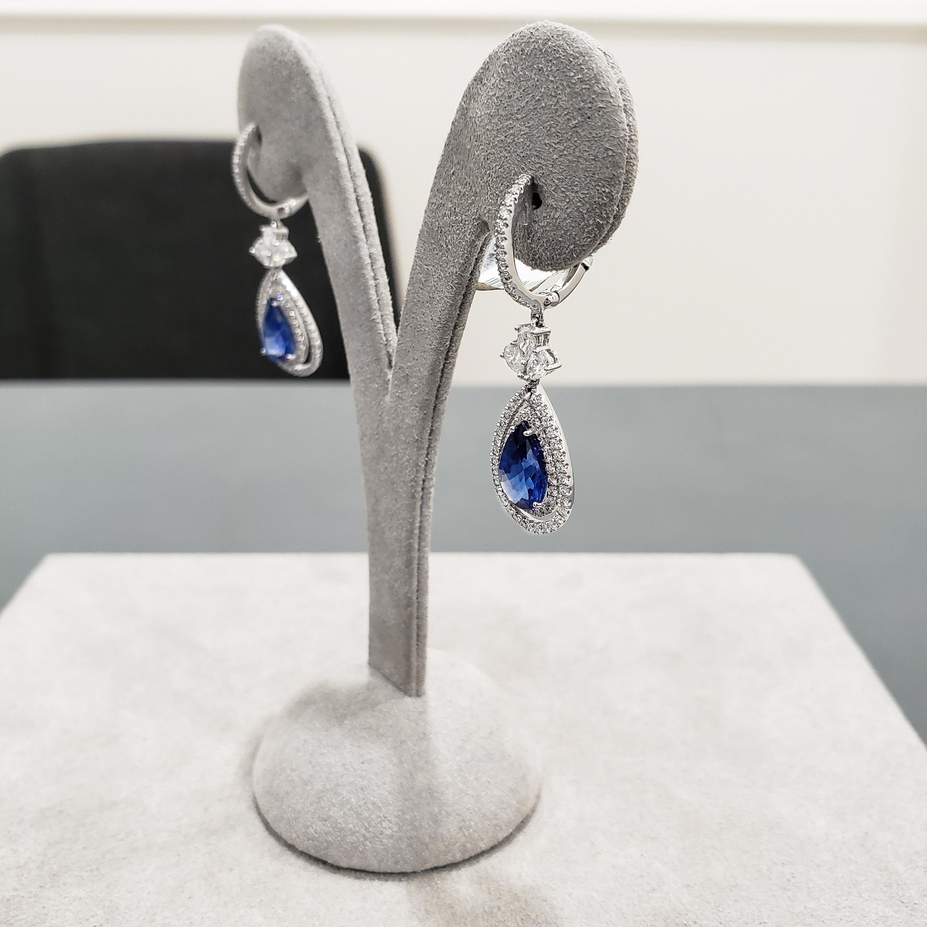 Women's Roman Malakov 4.18 Carat Blue Sapphire And Diamond Double Halo Dangle Earrings For Sale