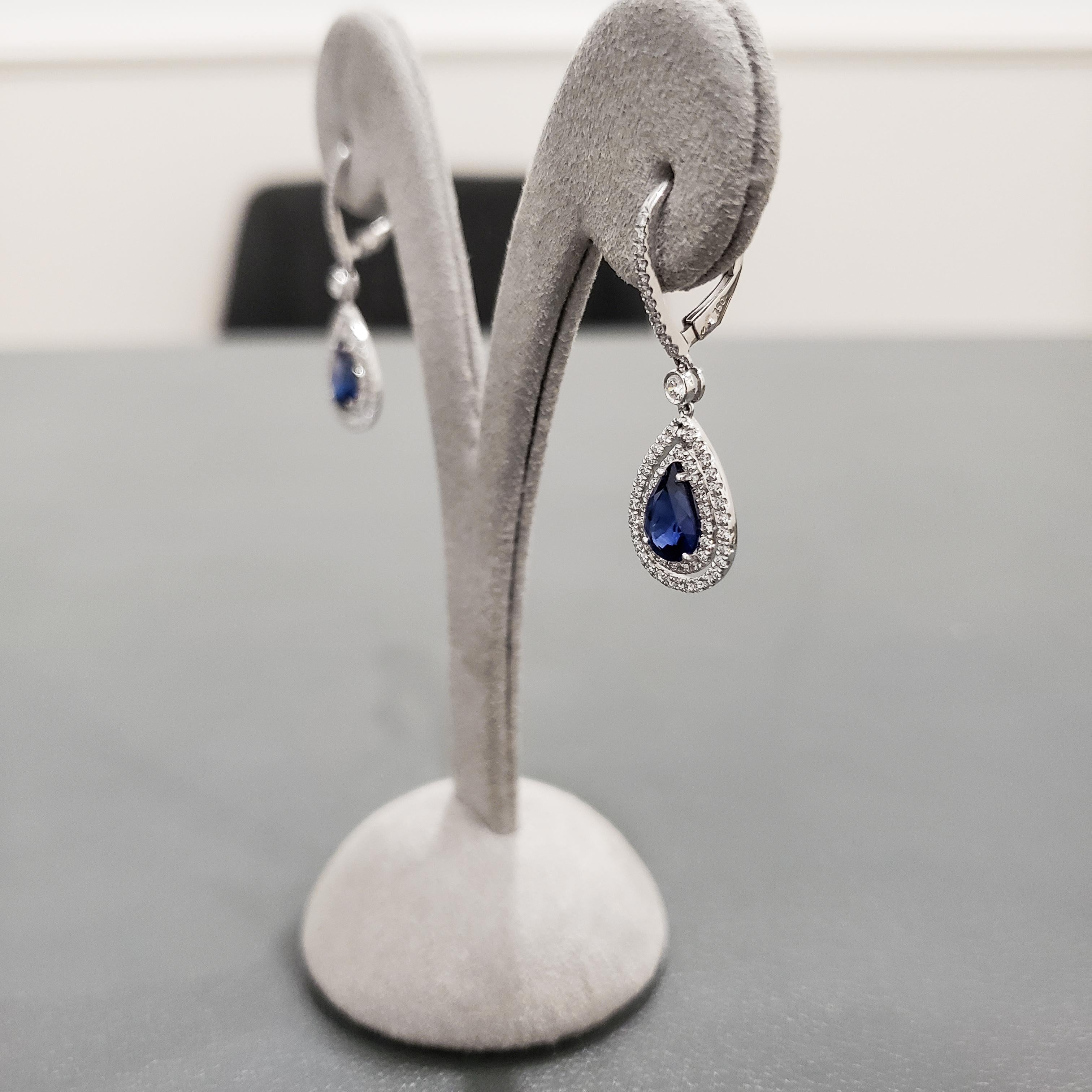 Women's 2.57 Carats Pear Shape Blue Sapphire with Diamond Double Halo Dangle Earrings For Sale