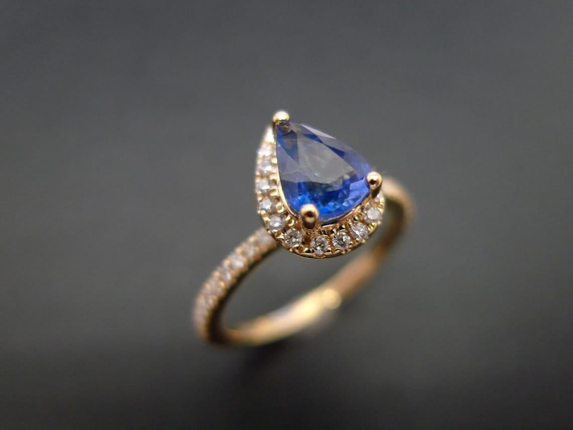For Sale:  Pear Shape Blue Sapphire and Diamond Engagement Ring in 18K Yellow Gold 3