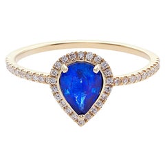 Bague de fiançailles en or jaune 18 carats avec saphir bleu en forme de poire et diamants