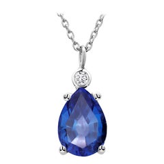 Pear Shape Blue Sapphire and Diamond Gold Drop Pendant Necklace