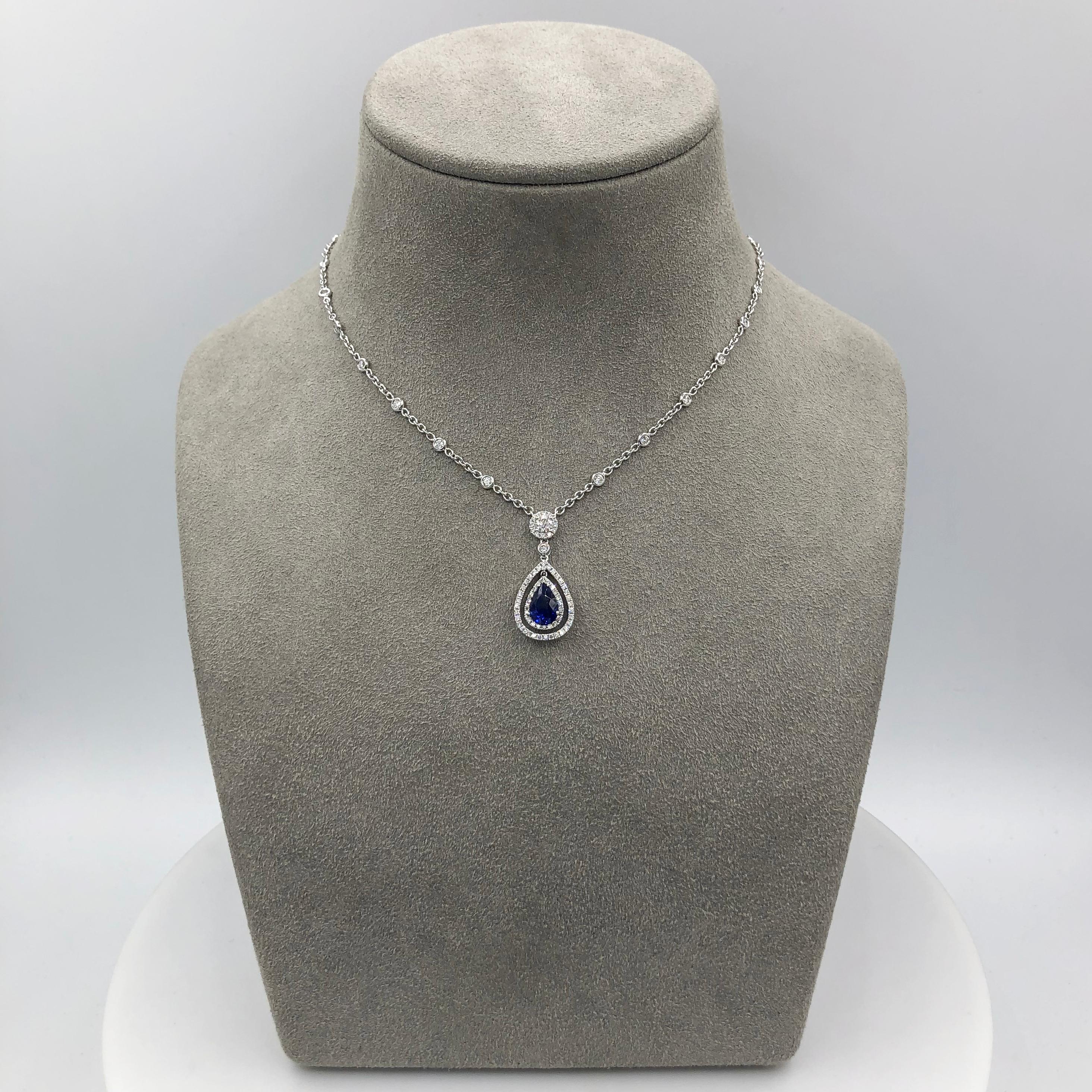 Roman Malakov 1.78 Carat Pear Shape Blue Sapphire and Diamond Pendant Necklace In New Condition In New York, NY