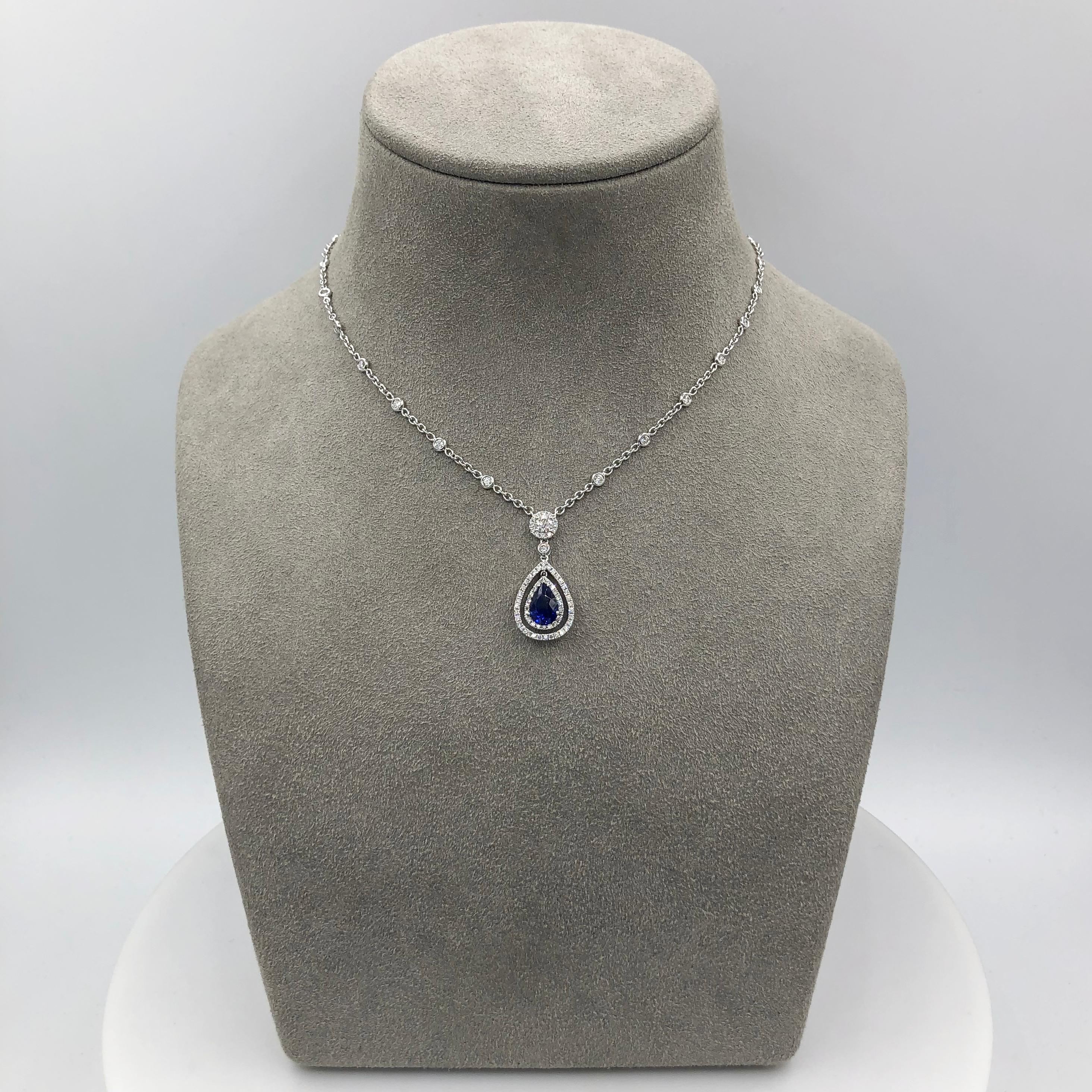 Roman Malakov 1.78 Carat Pear Shape Blue Sapphire and Diamond Pendant Necklace In New Condition For Sale In New York, NY